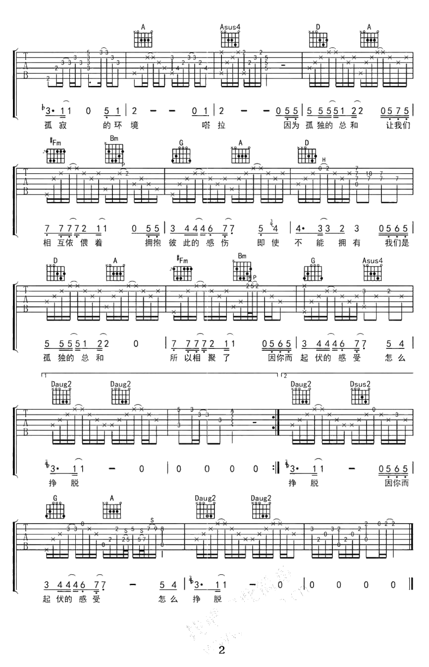 孤独的总和吉他谱 吴汶芳 E调弹唱六线谱2