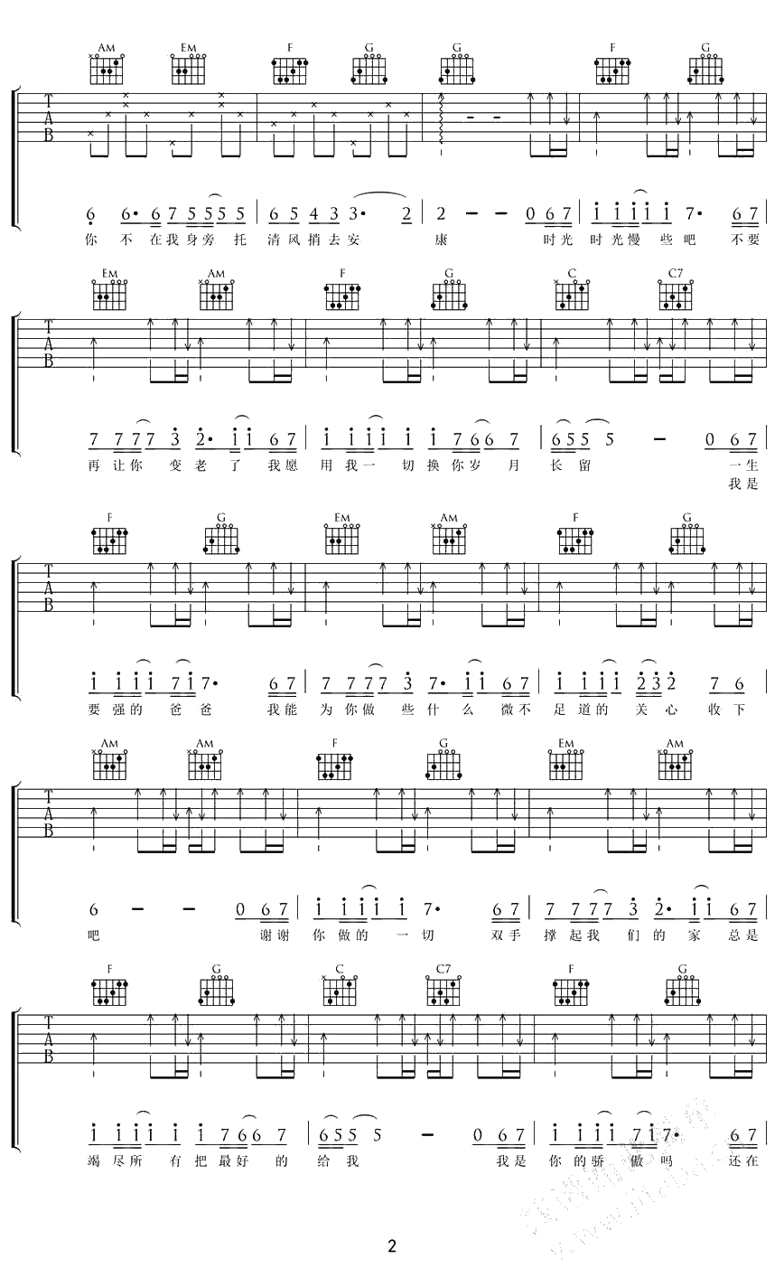 父亲吉他谱 C调 筷子兄弟 父亲吉他弹唱六线谱2