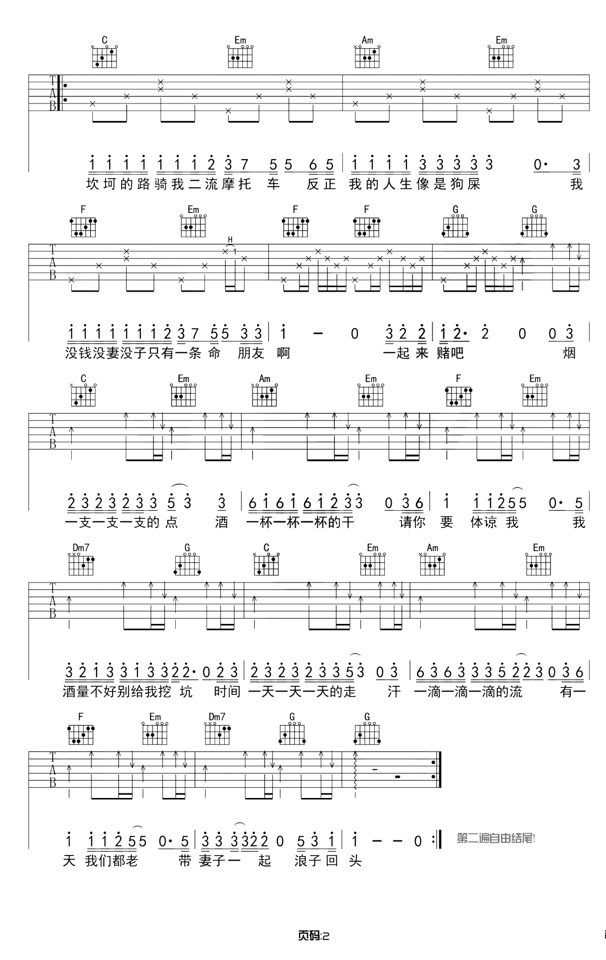 浪子回头吉他谱 C调 茄子蛋 弹唱六线谱2