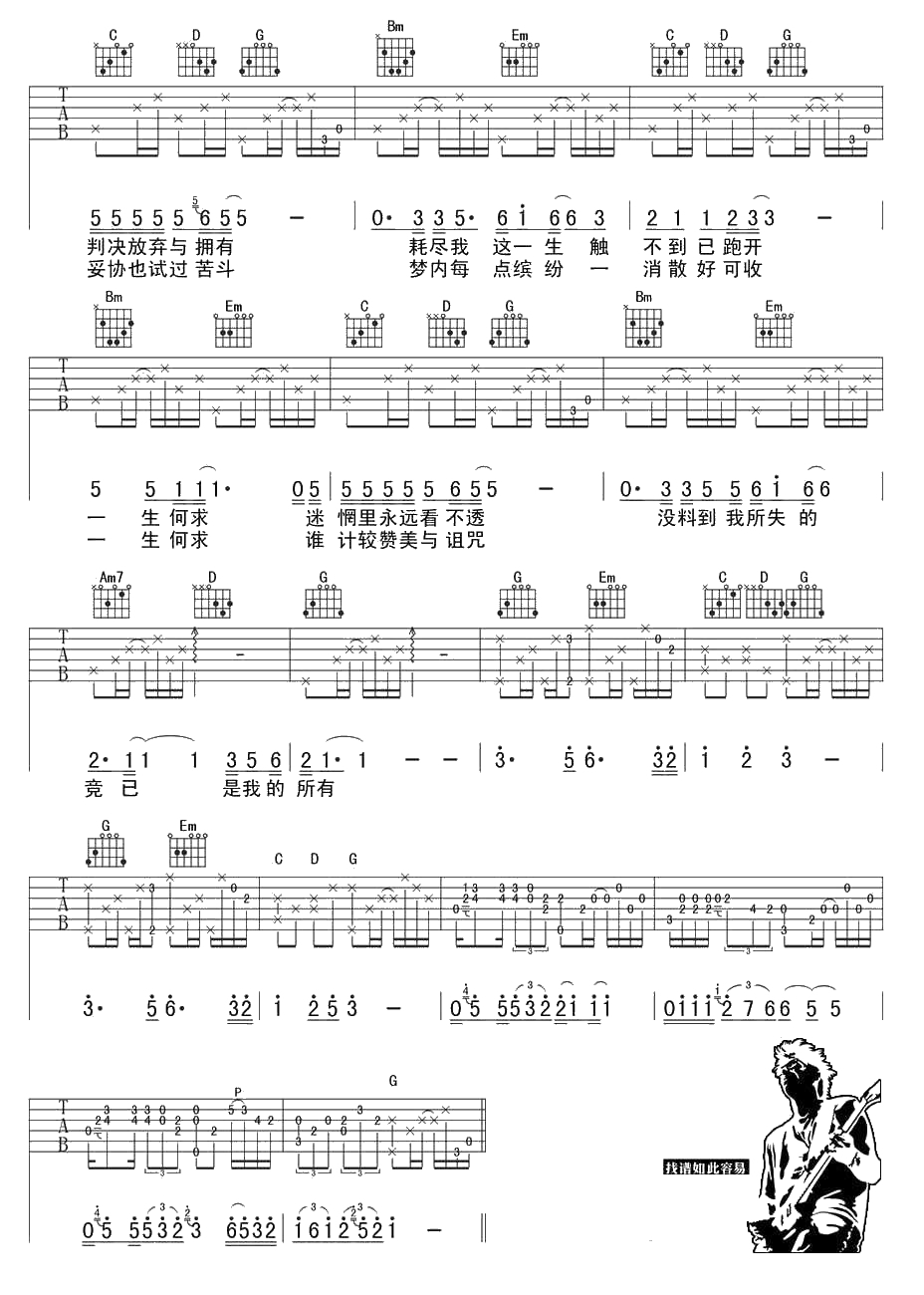 一生何求吉他谱 陈百强 G调和弦指法 粤语经典歌曲弹唱谱2