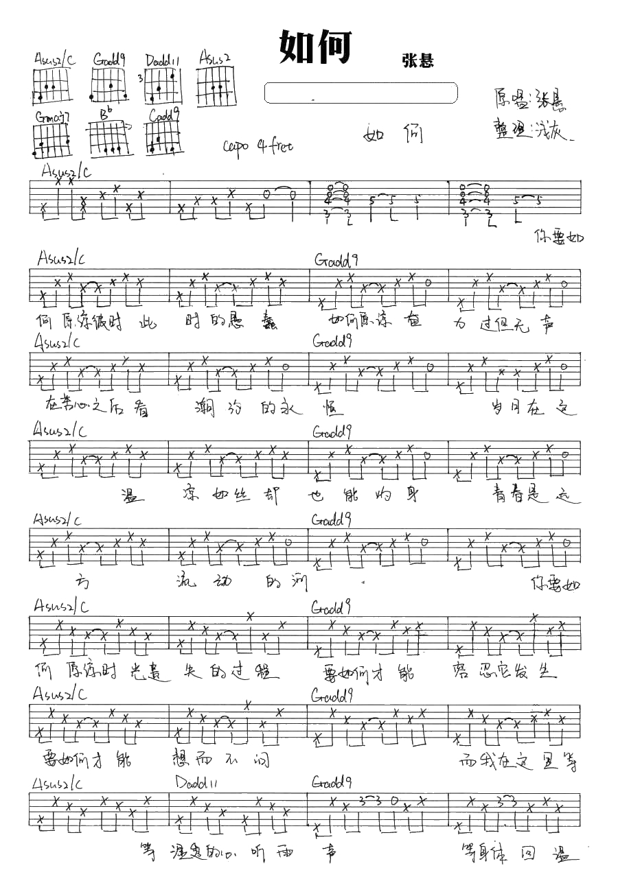 如何吉他谱 张悬 如何六线谱(手写版)1