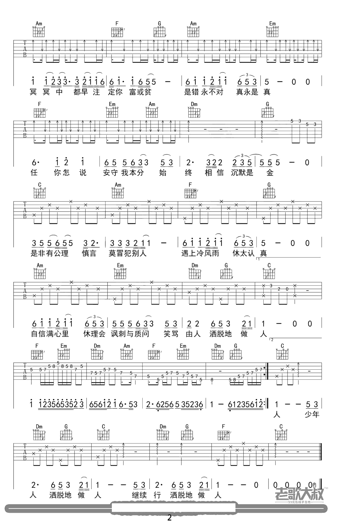 沉默是金吉他谱 张国荣 C调六线谱2