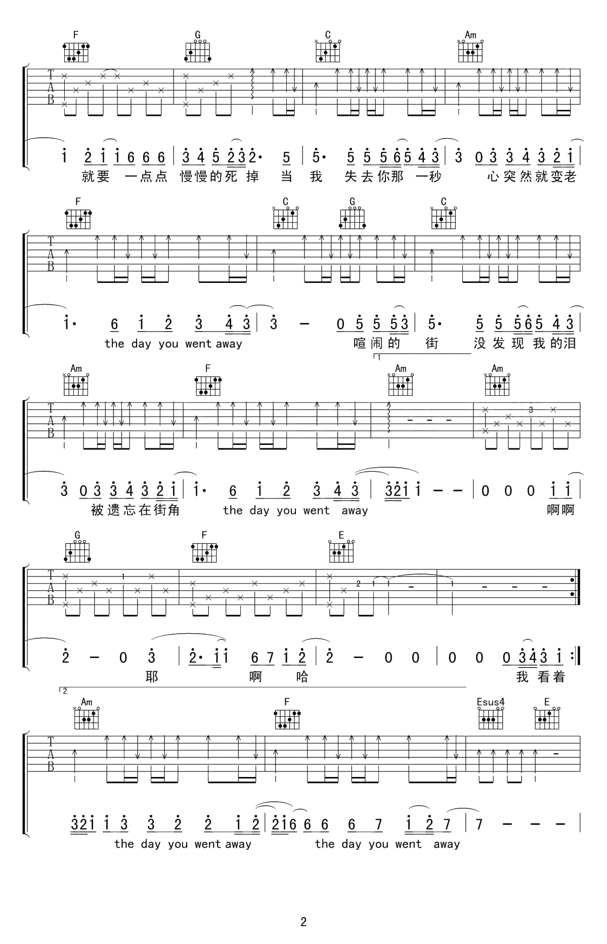 第一次爱的人吉他谱 王心凌 C调弹唱谱 完整2