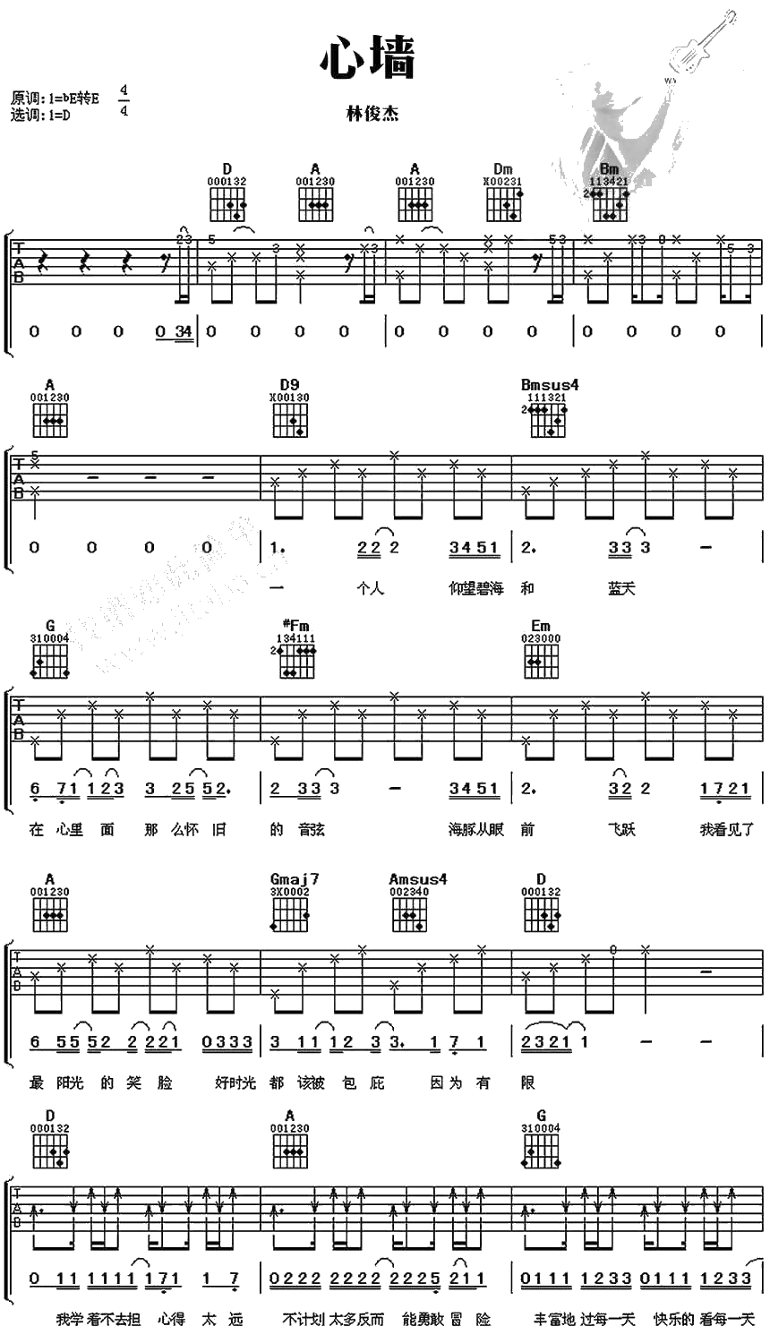 心墙吉他谱 林俊杰/郭静 心墙六线谱图片1