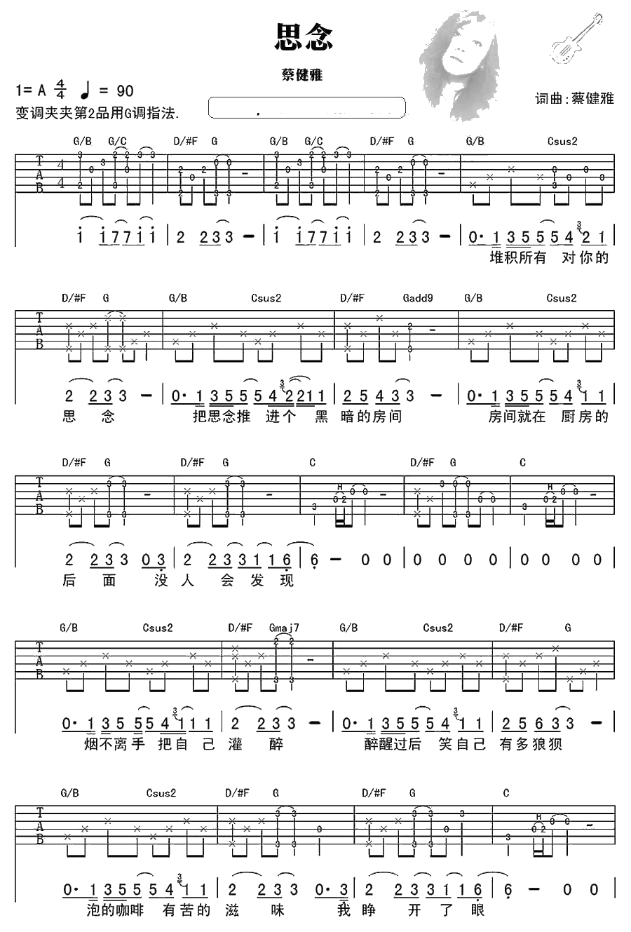 思念吉他谱 G调指法 蔡健雅 吉他弹唱1