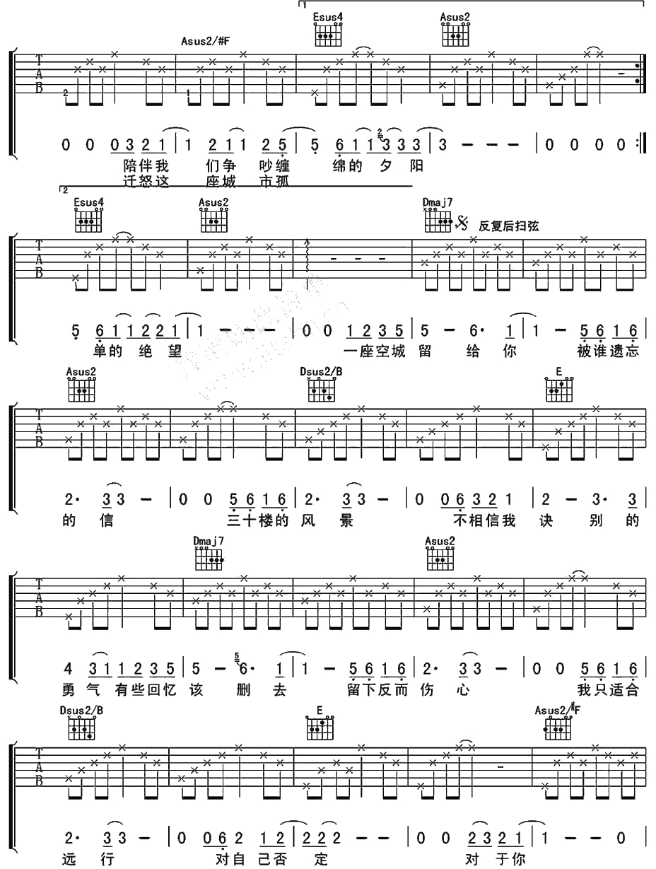 两湾城吉他谱 A调指法 王啸坤 两湾城吉他弹唱谱2