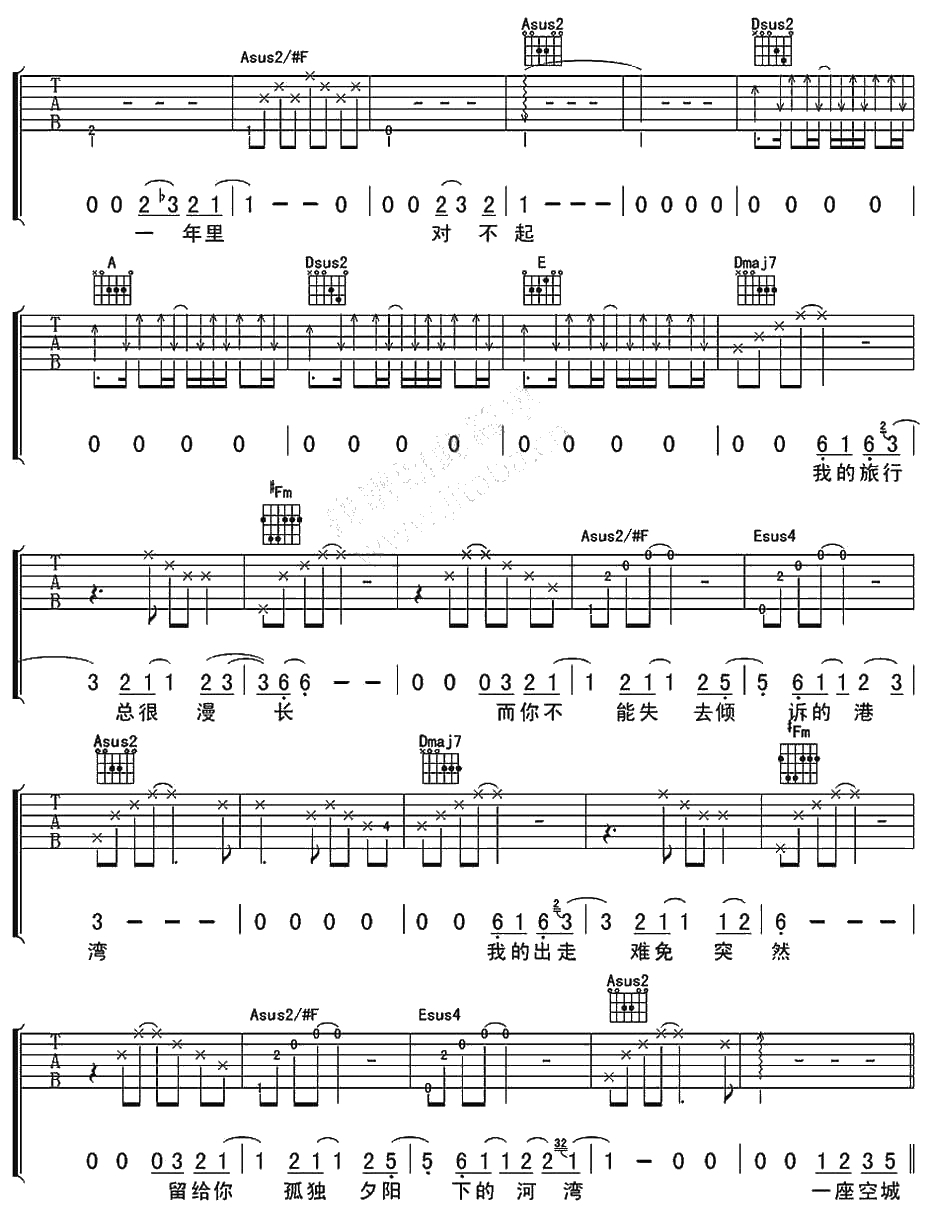 两湾城吉他谱 A调指法 王啸坤 两湾城吉他弹唱谱3