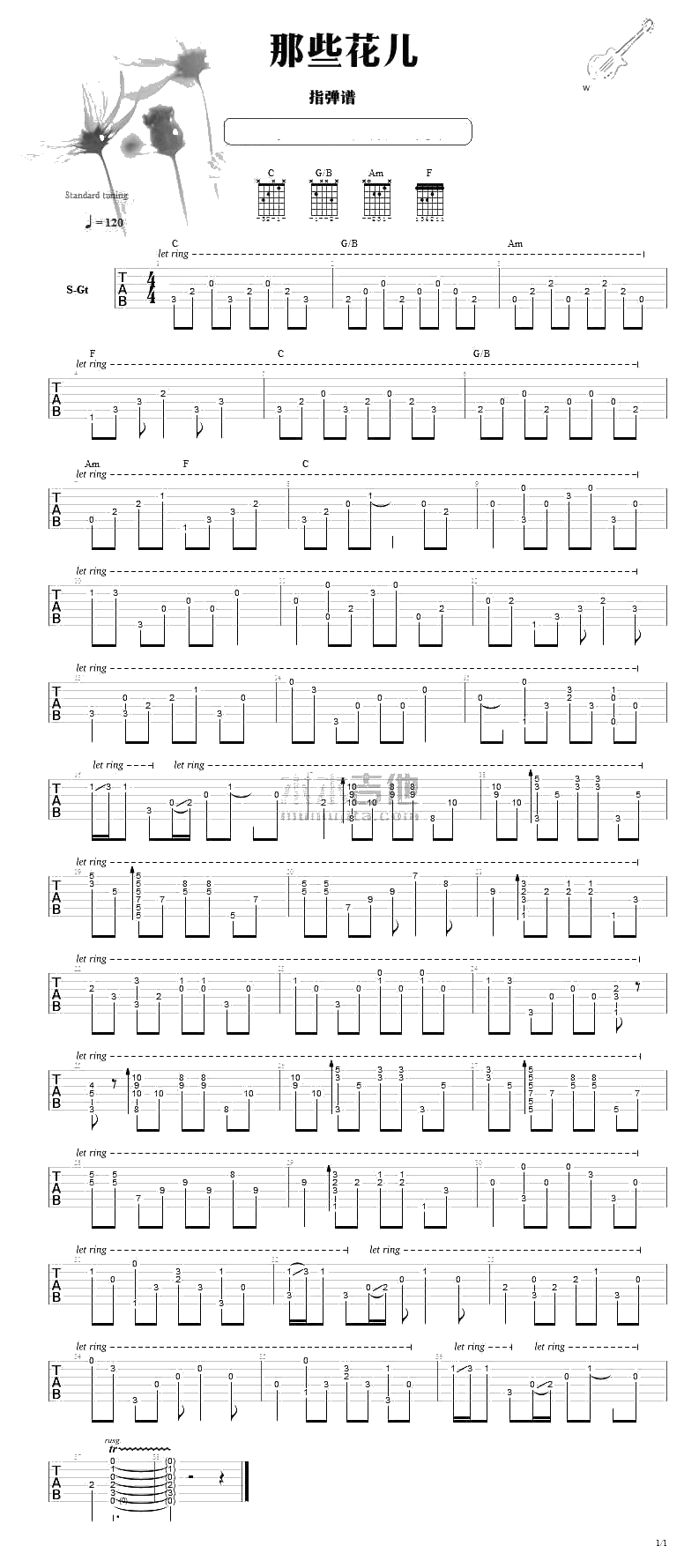 那些花儿指弹吉他谱 朴树 吉他独奏谱1