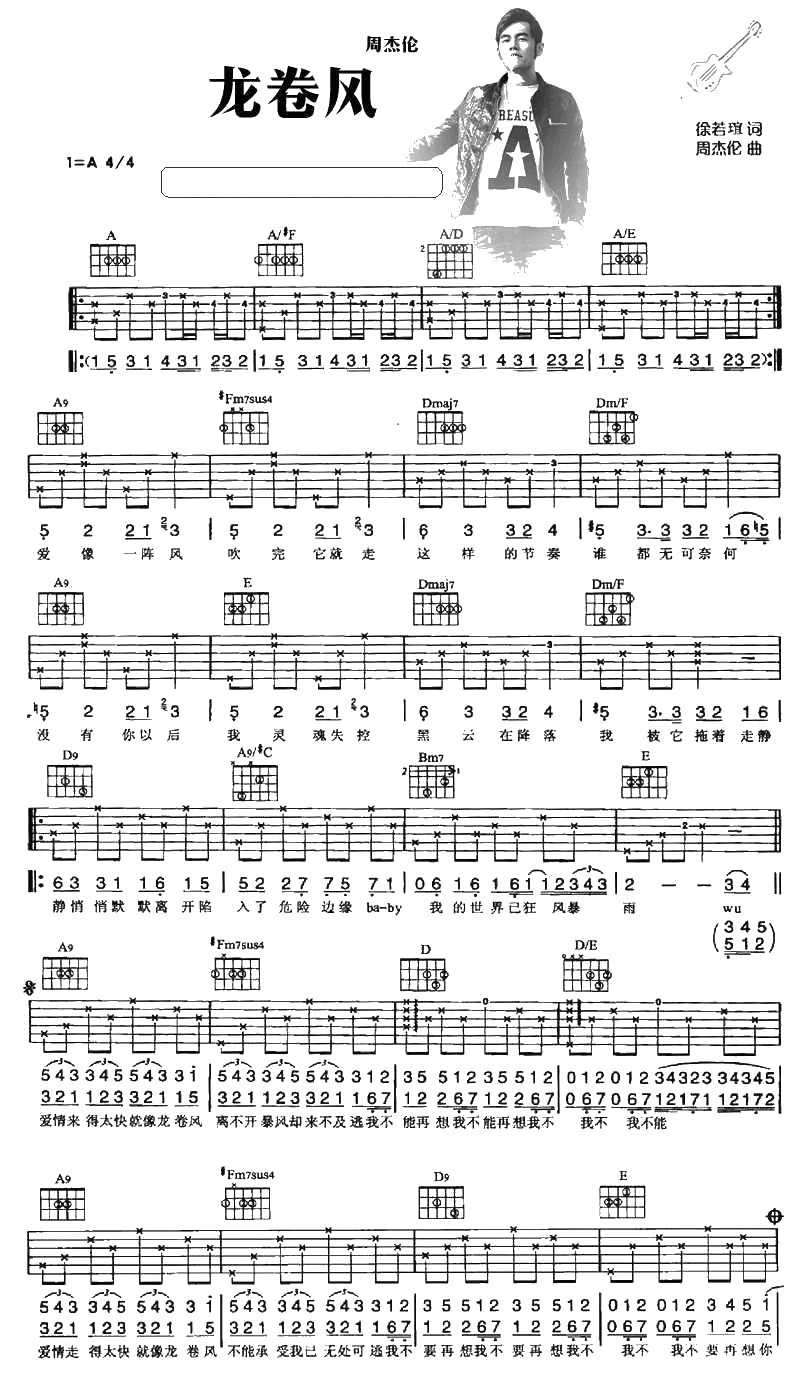 龙卷风吉他谱 A调指法 周杰伦 吉他弹唱谱1