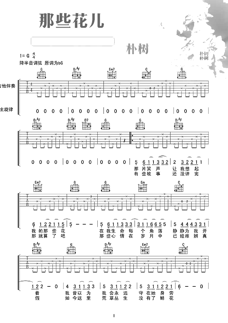 那些花儿吉他谱 朴树 那些花儿六线谱1