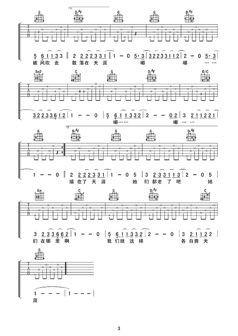 那些花儿吉他谱 朴树 那些花儿六线谱3