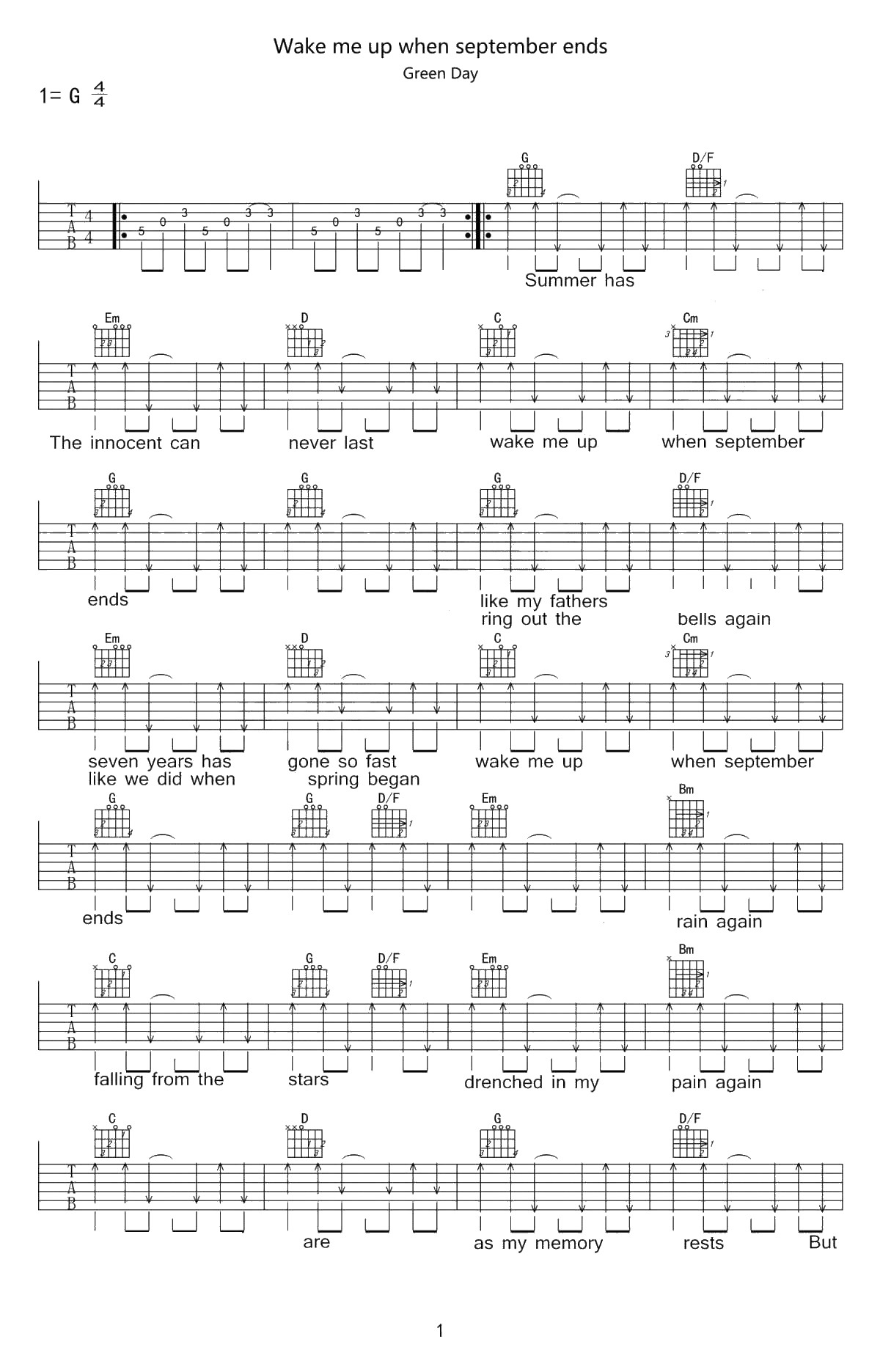 Wake me up when september ends吉他谱 Green Day G调六线谱1
