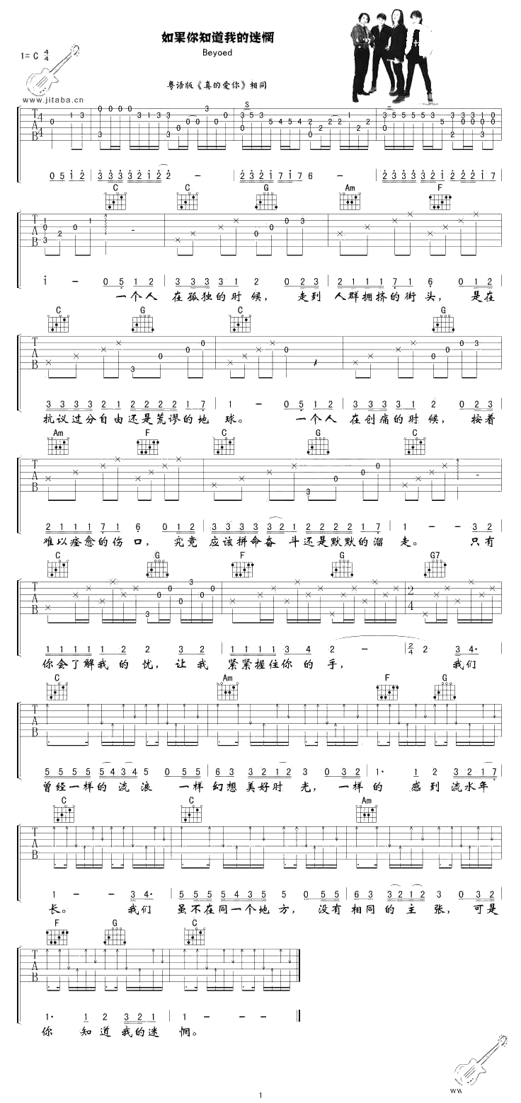 你知道我的迷惘吉他谱 C调指法 真的爱你国语版 Beyond1