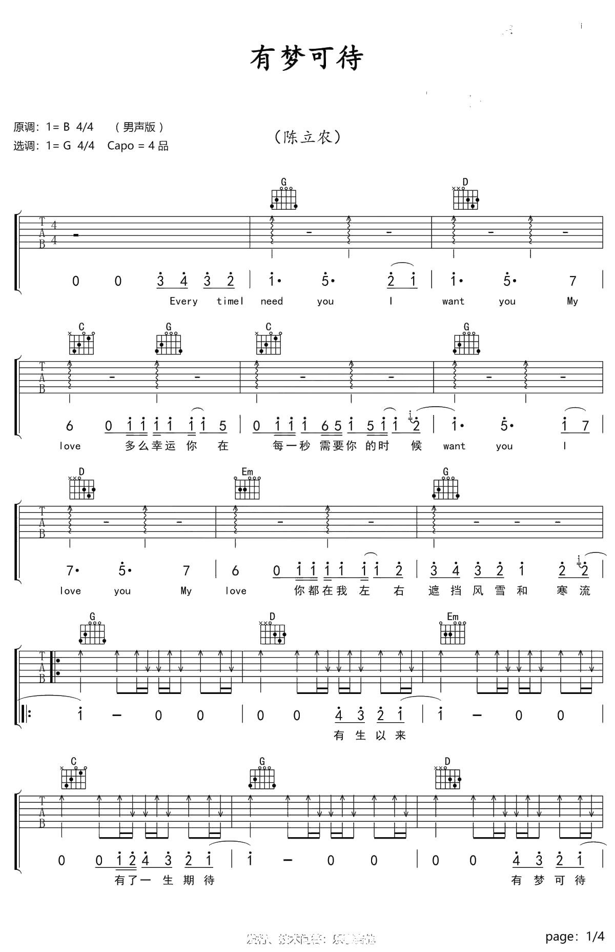 有梦可待吉他谱 陈立农 G调六线谱 《幕后之王》片头曲1