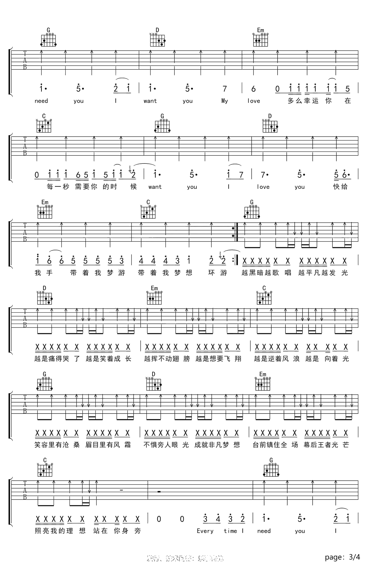 有梦可待吉他谱 陈立农 G调六线谱 《幕后之王》片头曲3