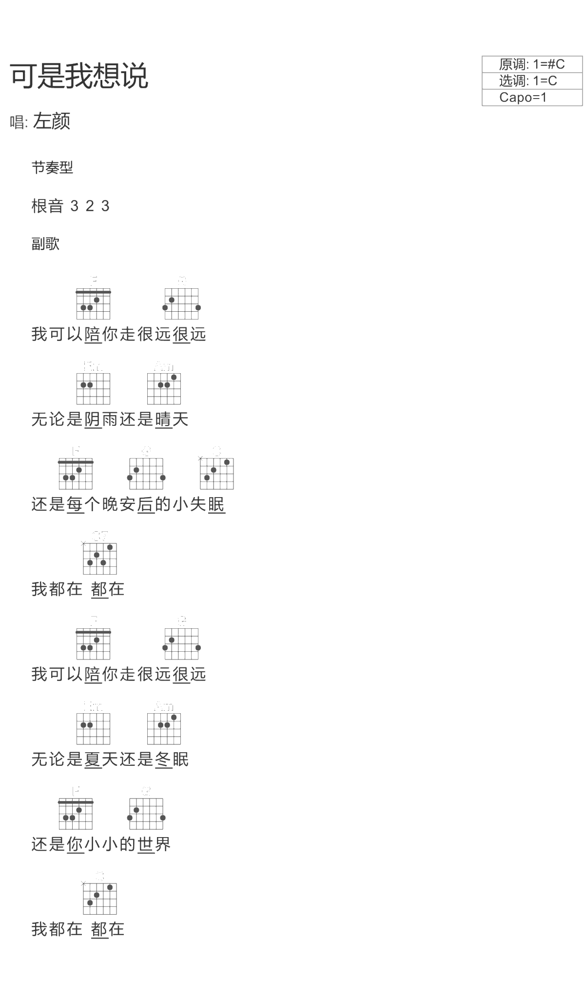 可是我想说吉他谱 C调文本吉他弹唱谱 抖音左颜1
