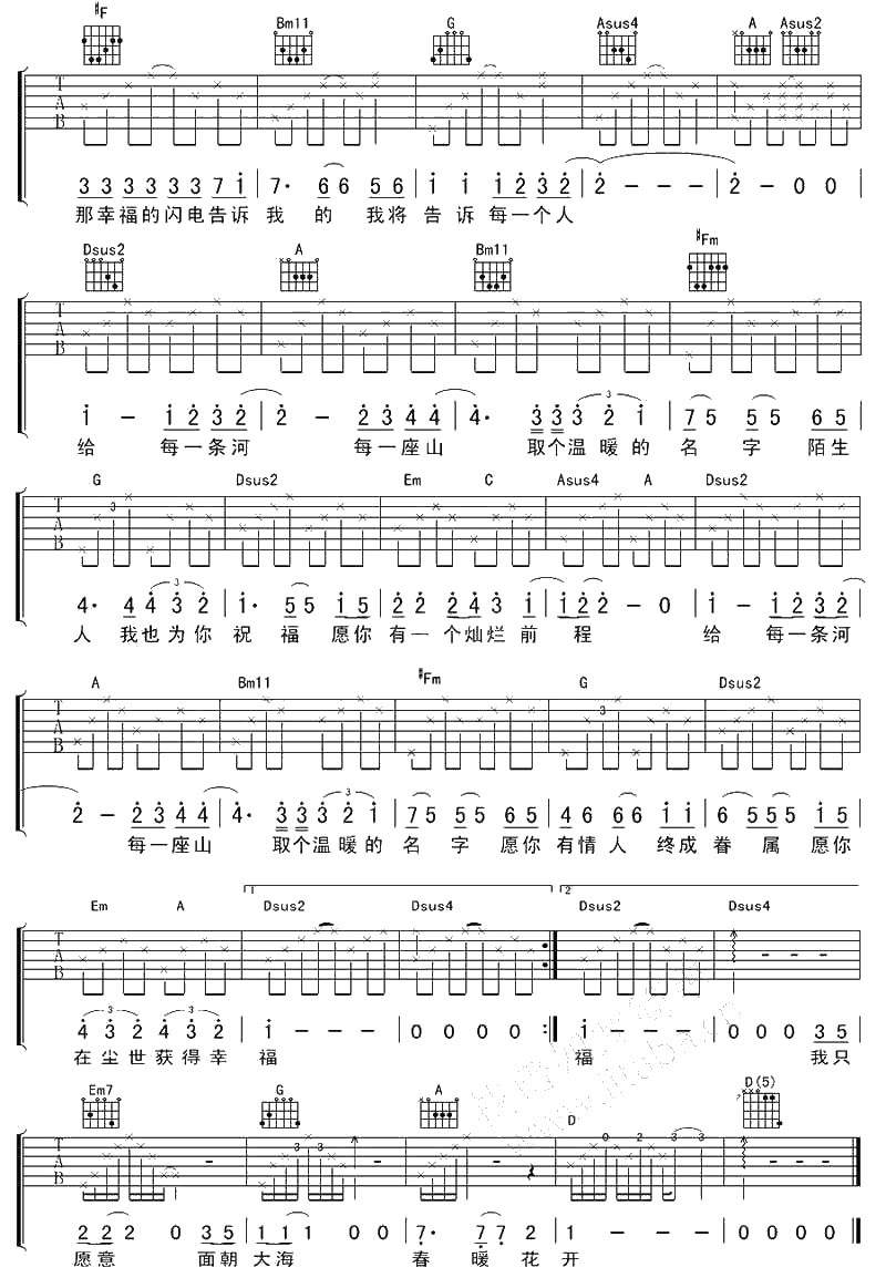 面朝大海春暖花开吉他谱 C调指法 胡畔 吉他弹唱谱2