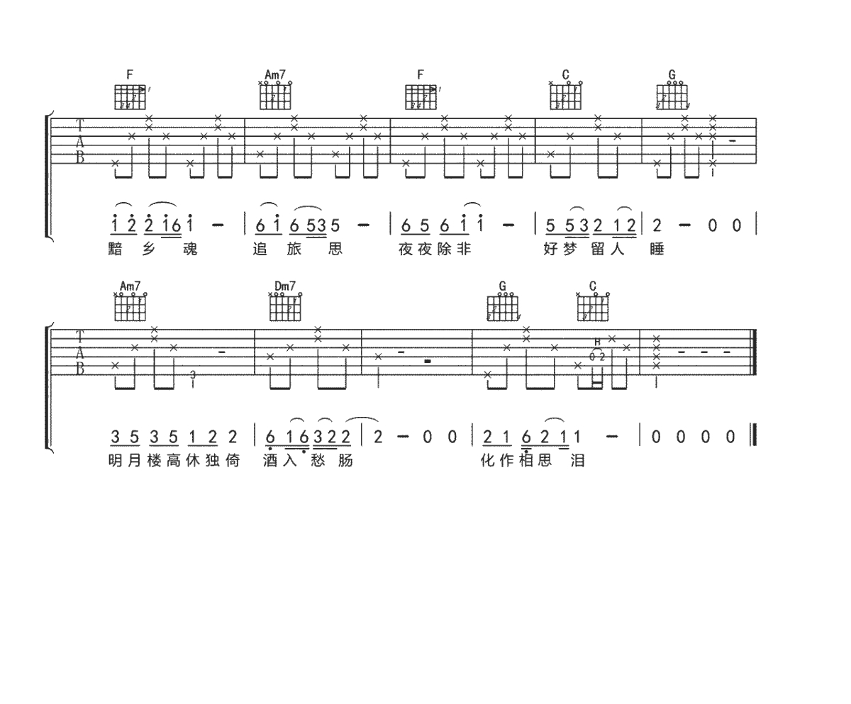 苏幕遮碧云天吉他谱 C调和弦指法 李健2