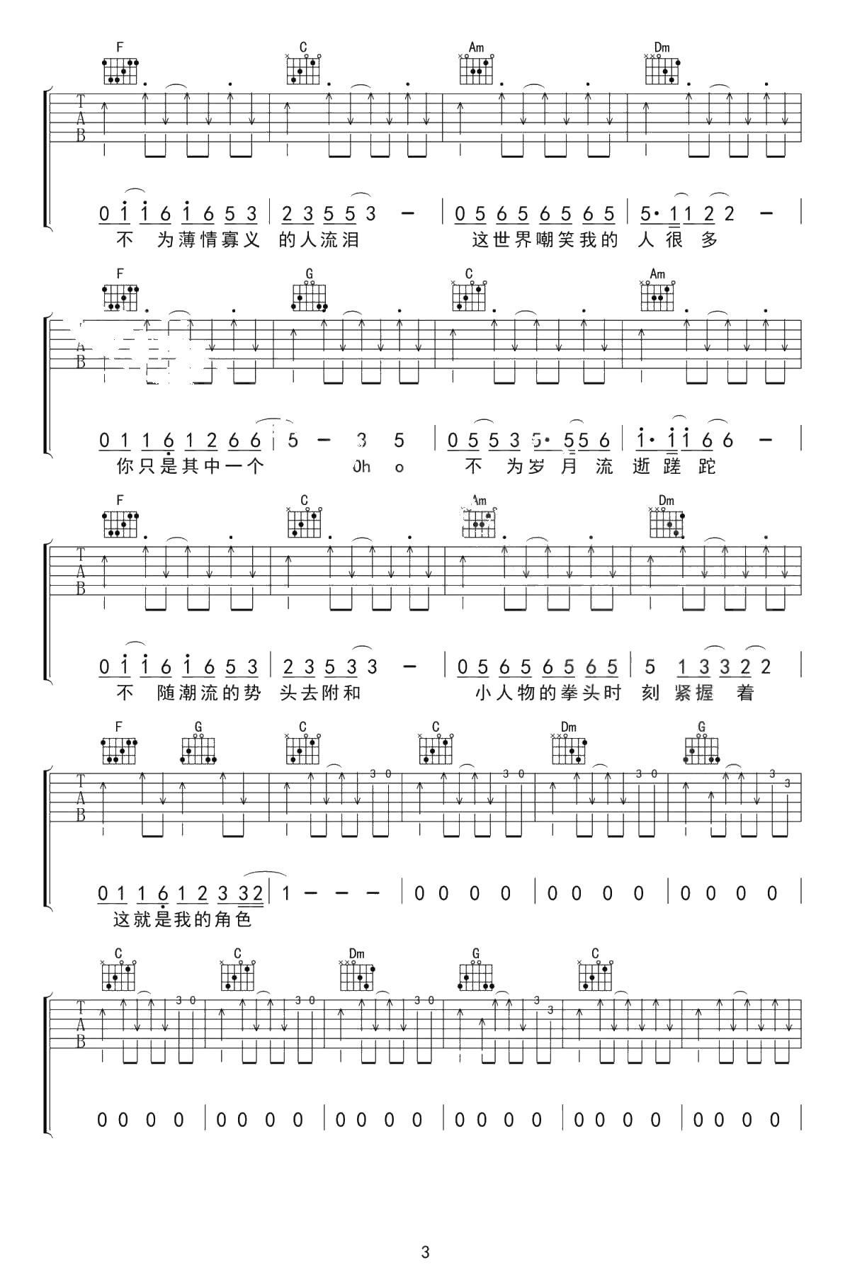 小人物吉他谱 赵雷 C调指法六线谱 3