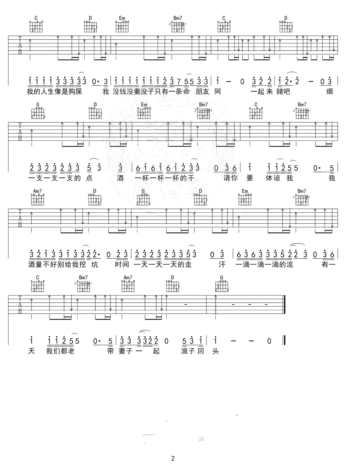 浪子回头吉他谱 茄子蛋 G调女生版+C调男生版2