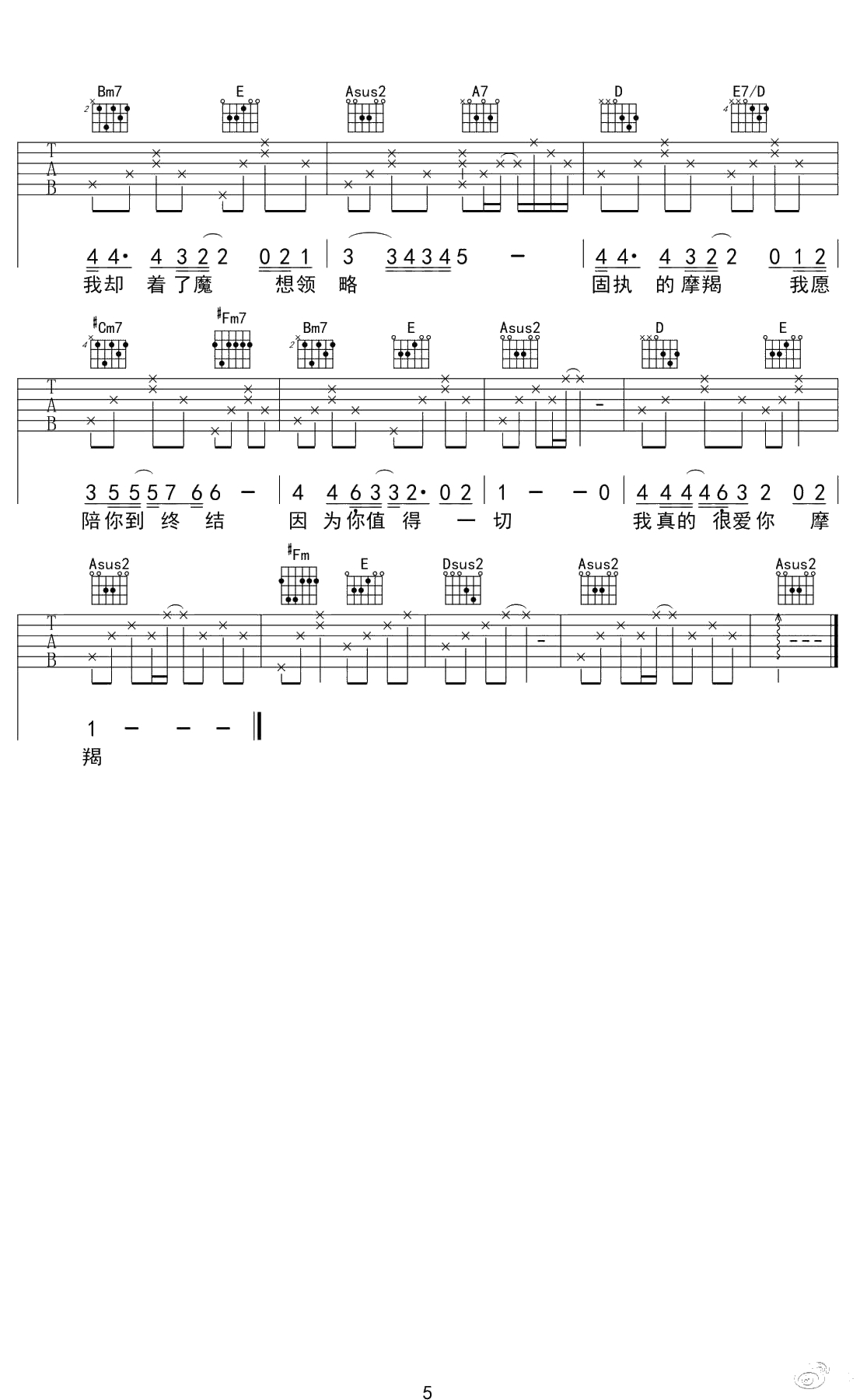 摩羯座吉他谱 陶辰宇 弹唱六线谱 5