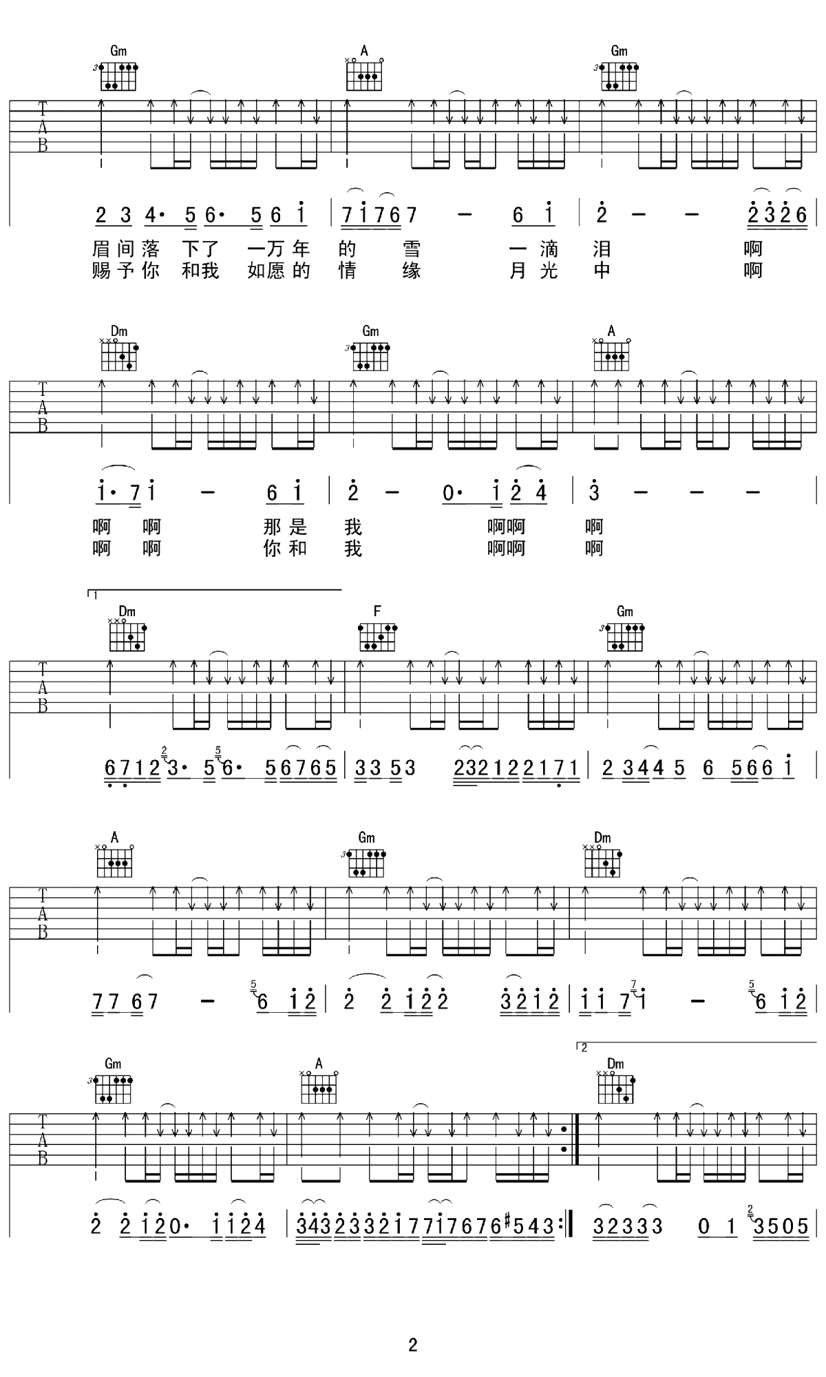 左手指月吉他谱 F调 萨顶顶 弹唱六线谱2