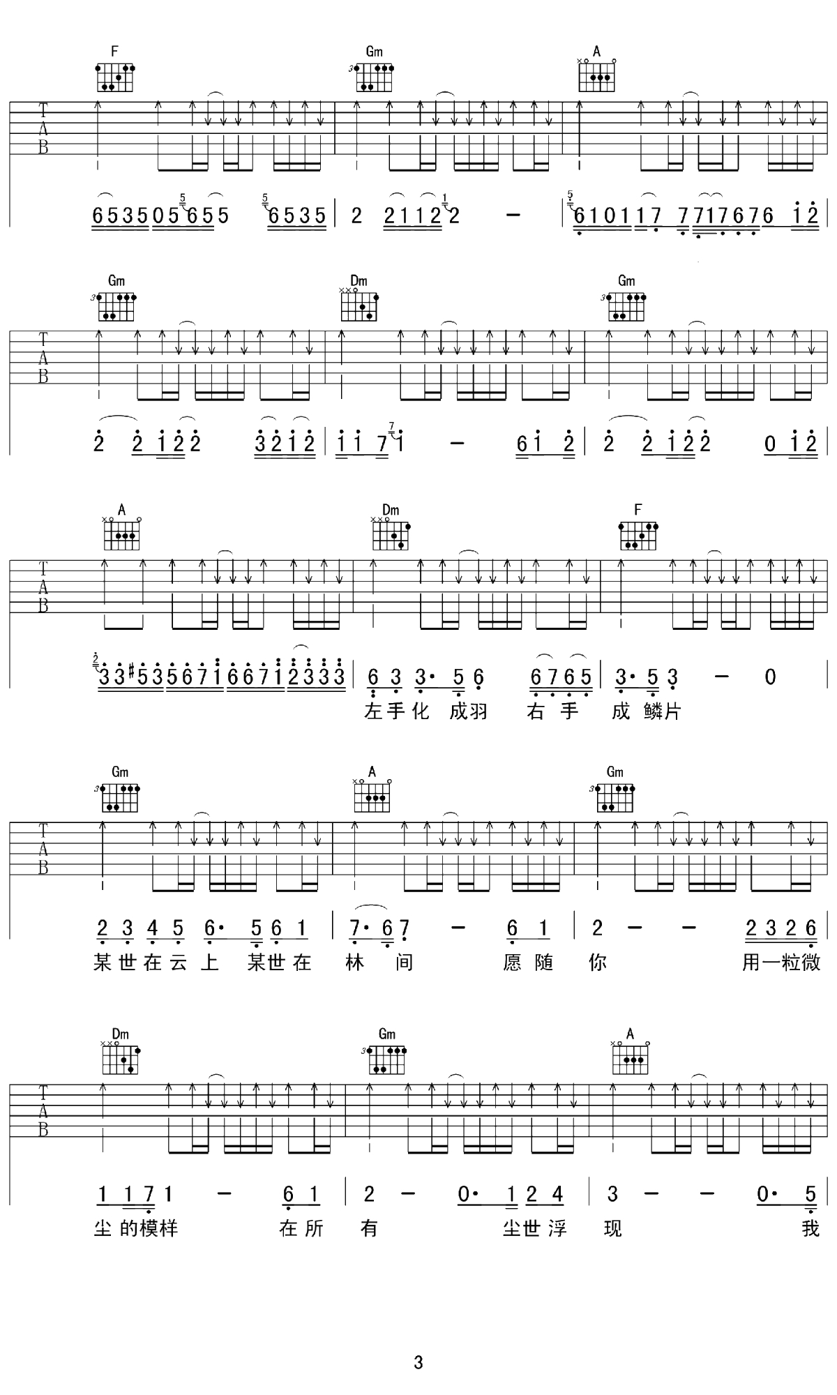 左手指月吉他谱 F调 萨顶顶 弹唱六线谱3