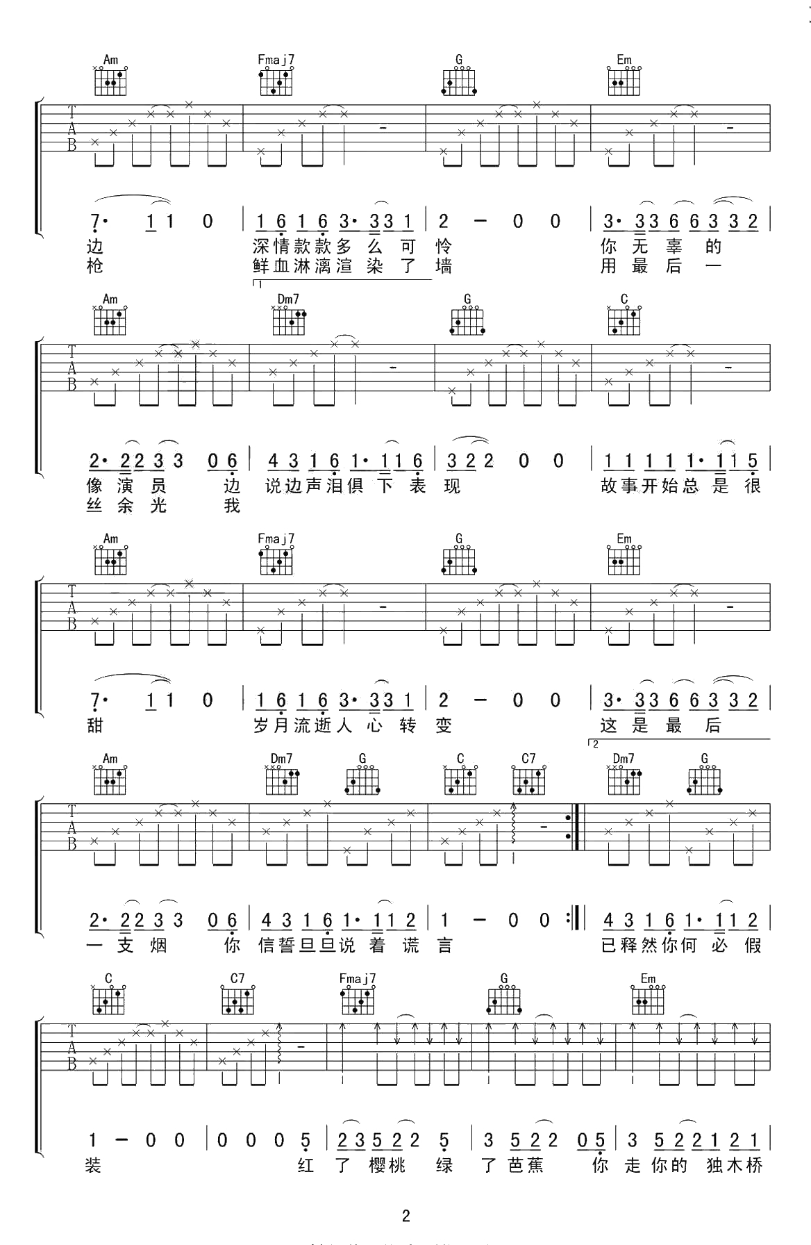 假装吉他谱 陈雪凝 C调 弹唱六线谱 2