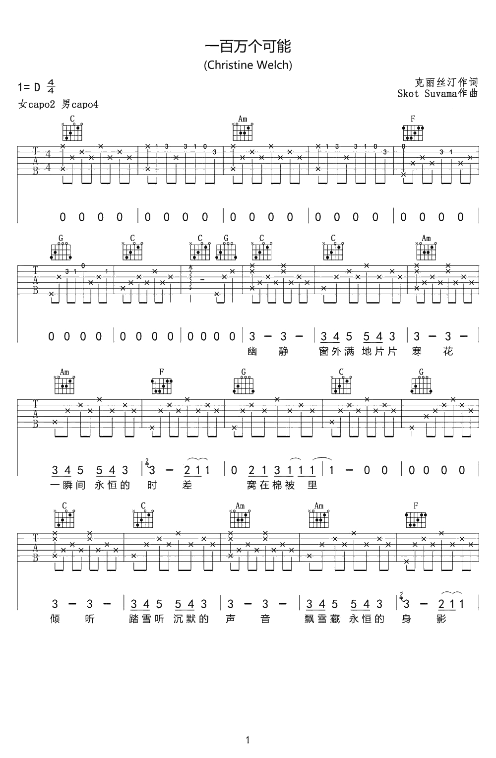 一百万个可能吉他谱 克丽丝叮 民谣弹唱版 高清六线谱1