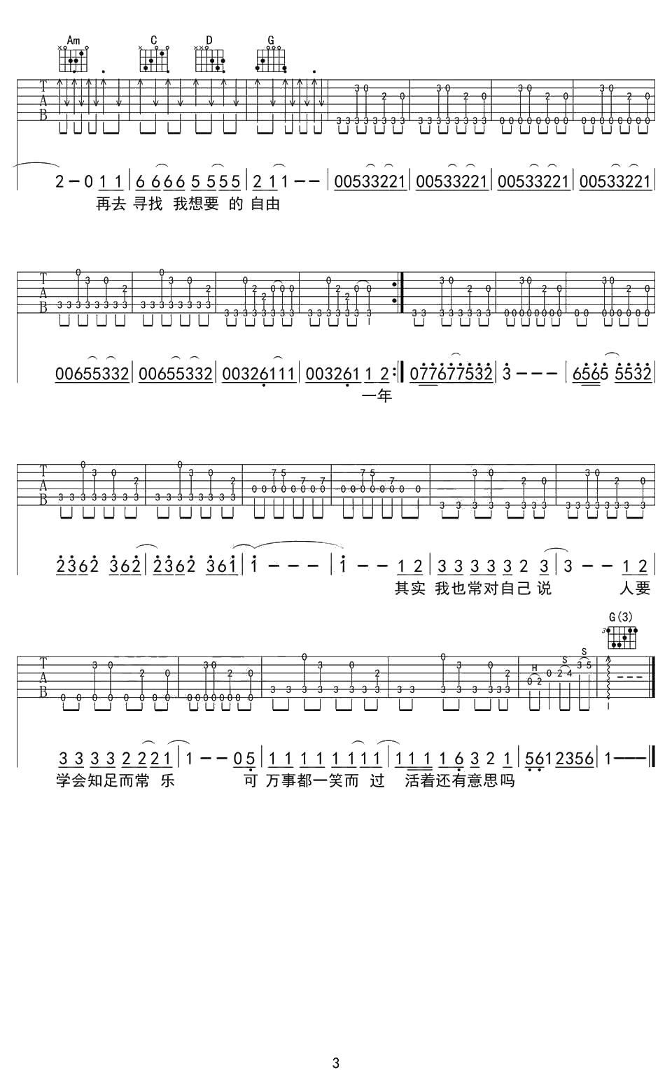 活着吉他谱 G调弹唱六线谱 郝云3