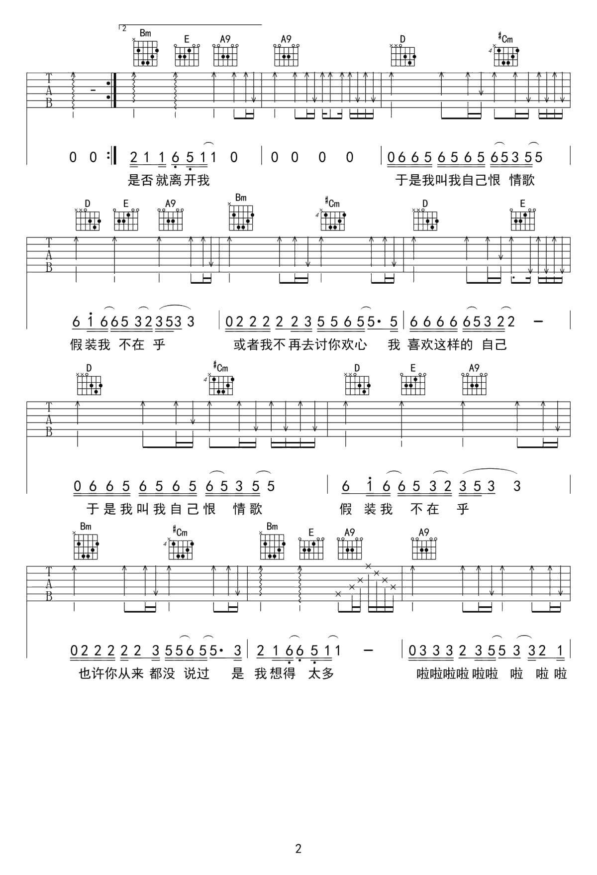 恨情歌吉他谱 陈升 弹唱六线谱 2