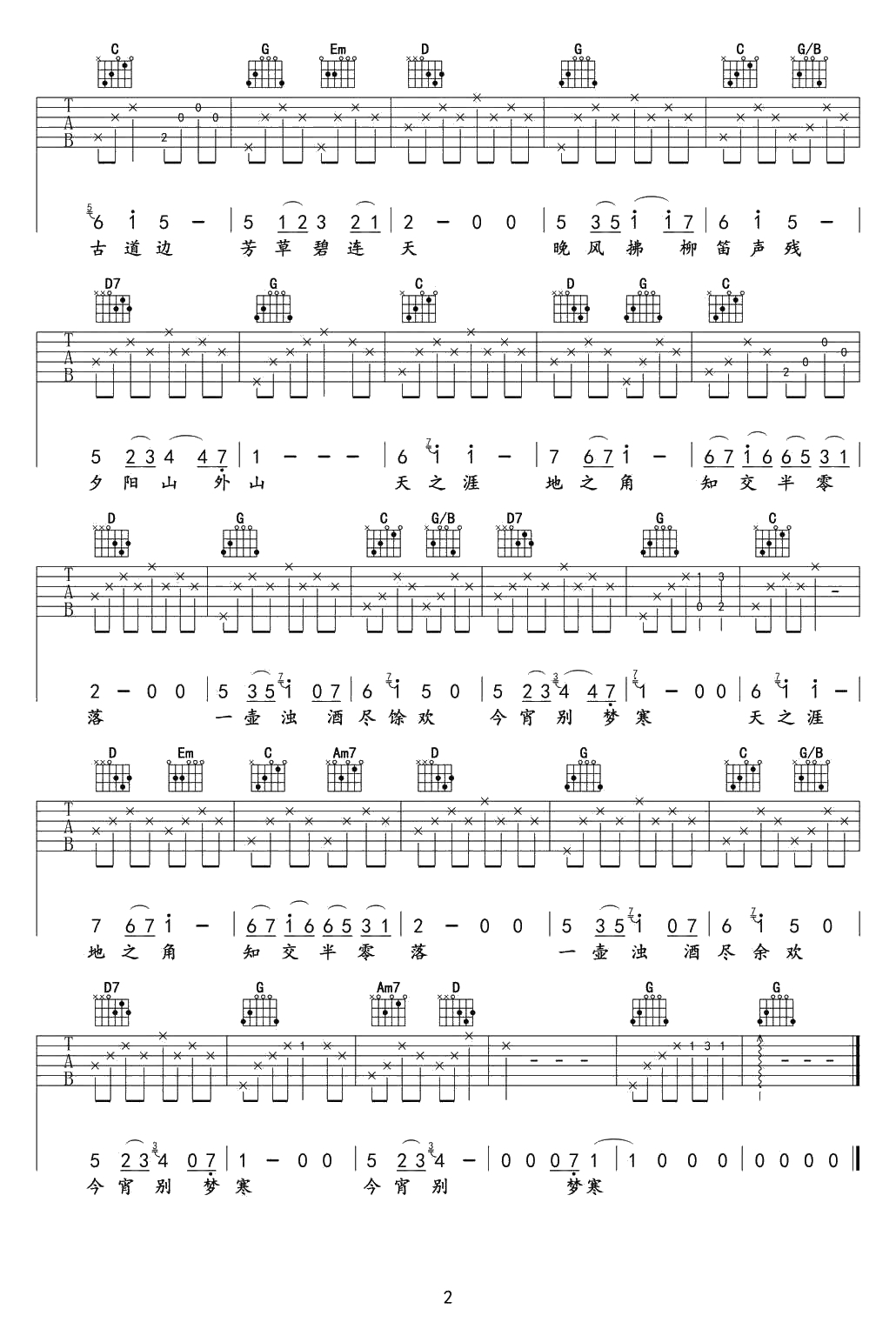 送别吉他谱 G调简易版 李志 弹唱六线谱2