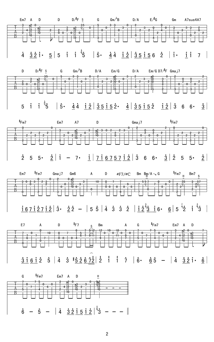 风之诗吉他谱 押尾桑 Wind Song指弹谱 原版带和弦2