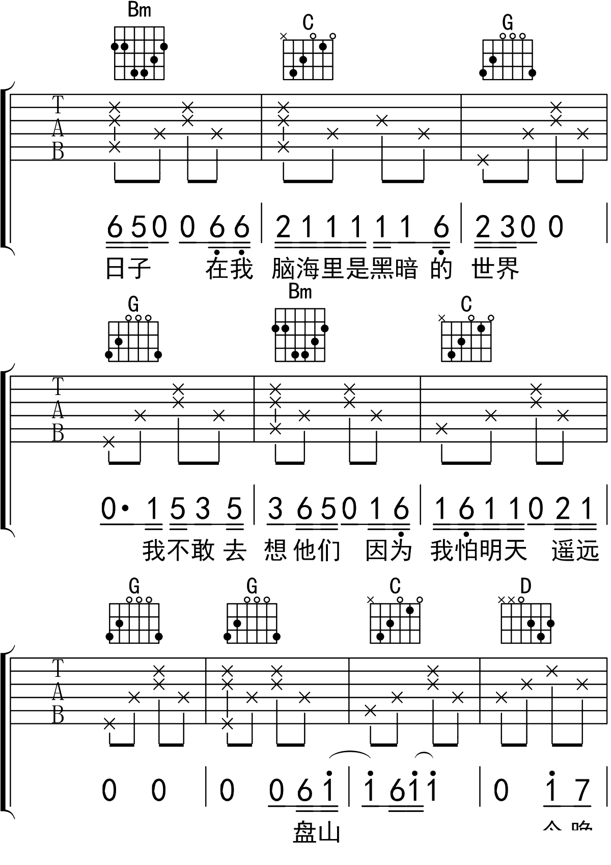 再见盘山吉他谱G调 吉他弹唱谱 隔壁老樊5