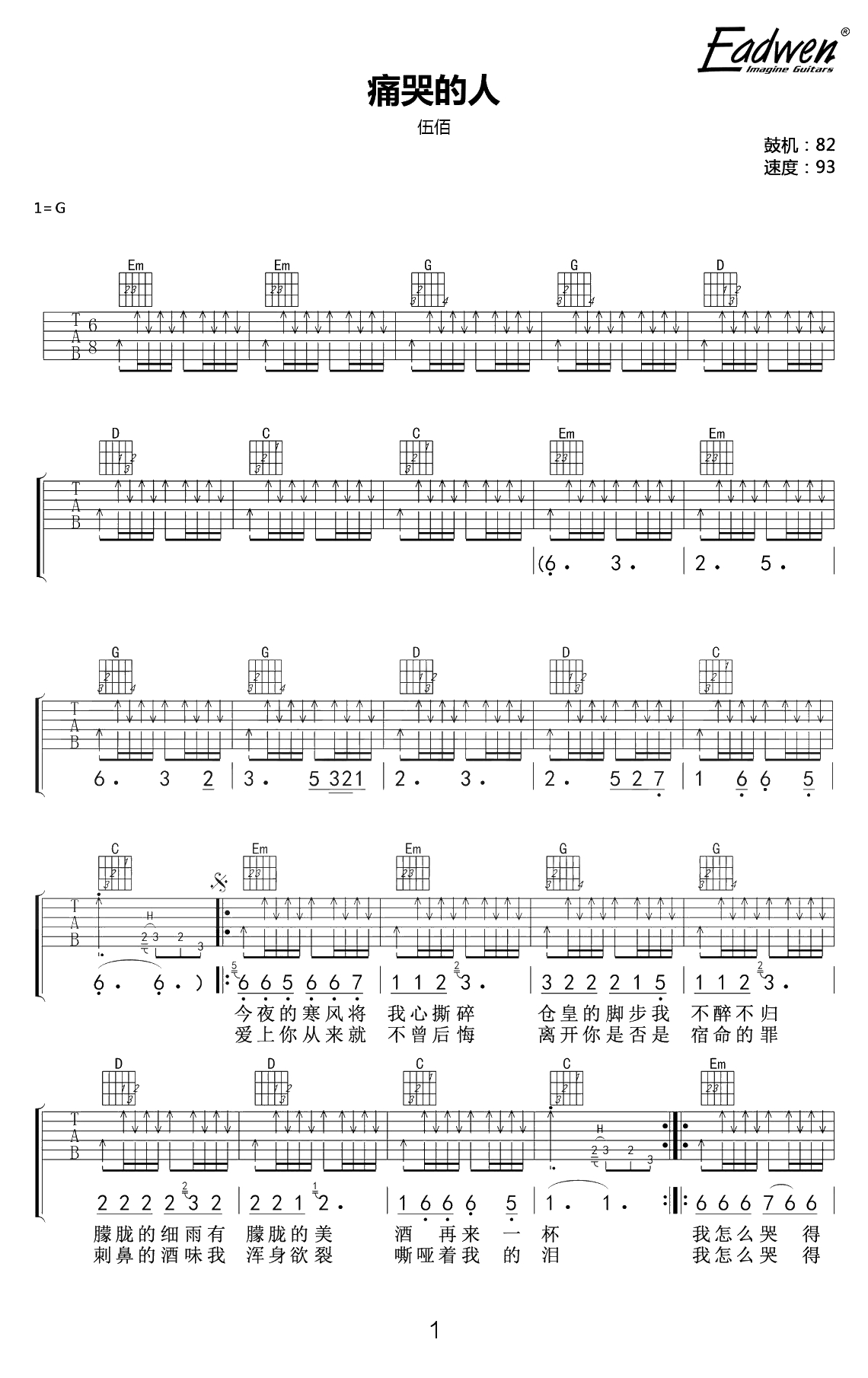 痛哭的人吉他谱 伍佰 G调六线谱1