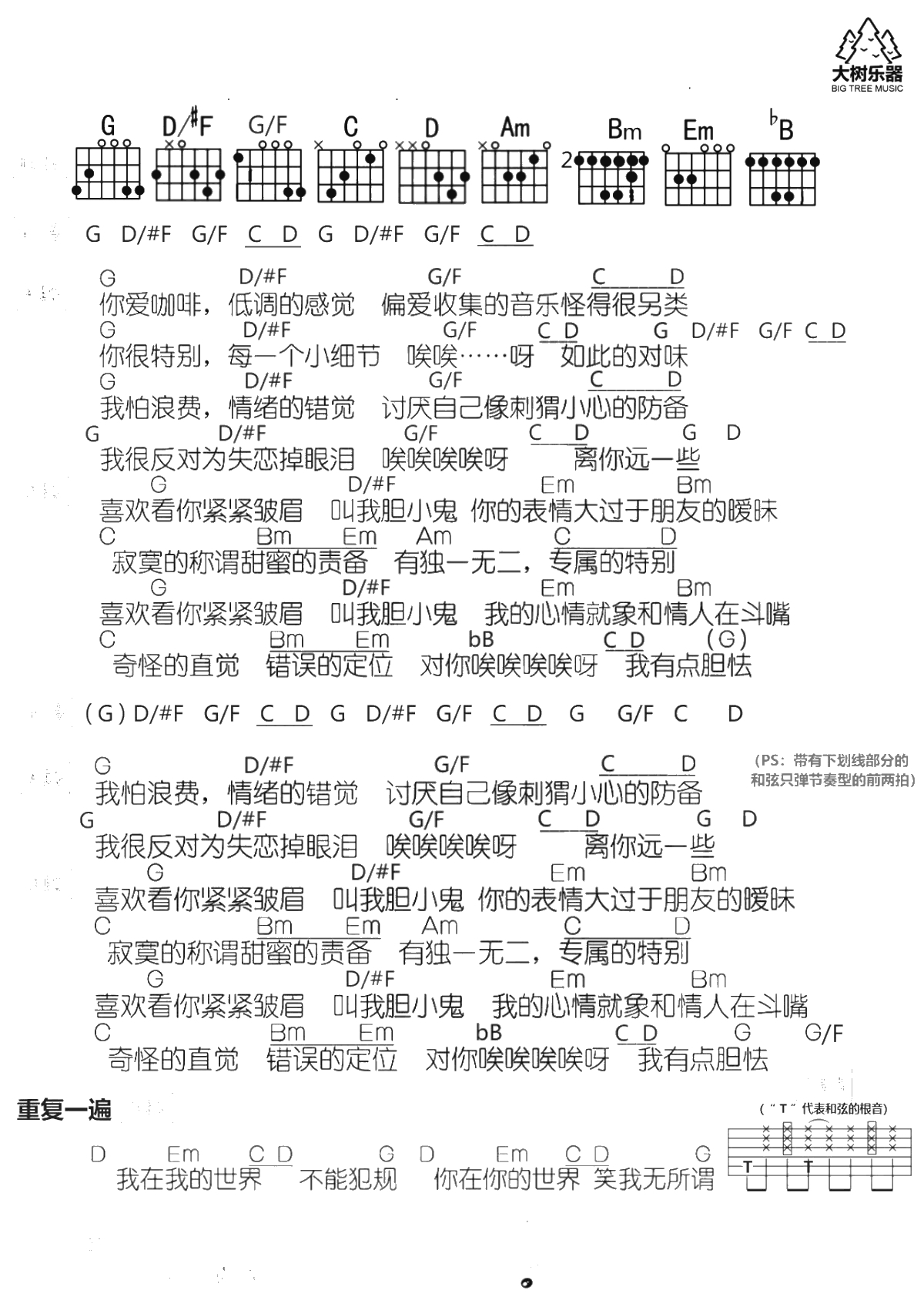 胆小鬼吉他谱 梁咏琪 G调 和弦1