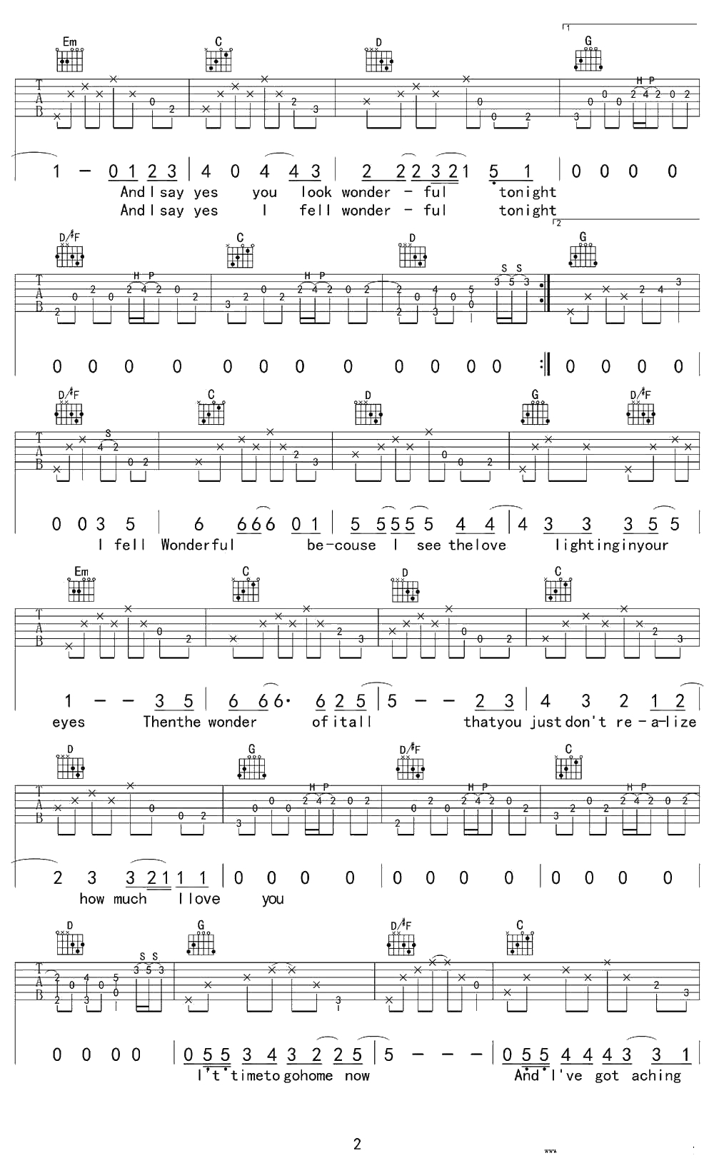 wonderful tonight吉他谱 Eric Clapton G调弹唱谱2