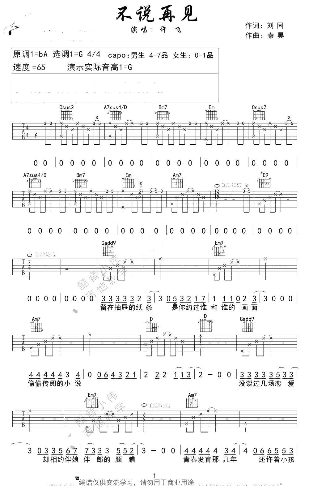 不说再见吉他谱 许飞女生版 吉他弹唱1