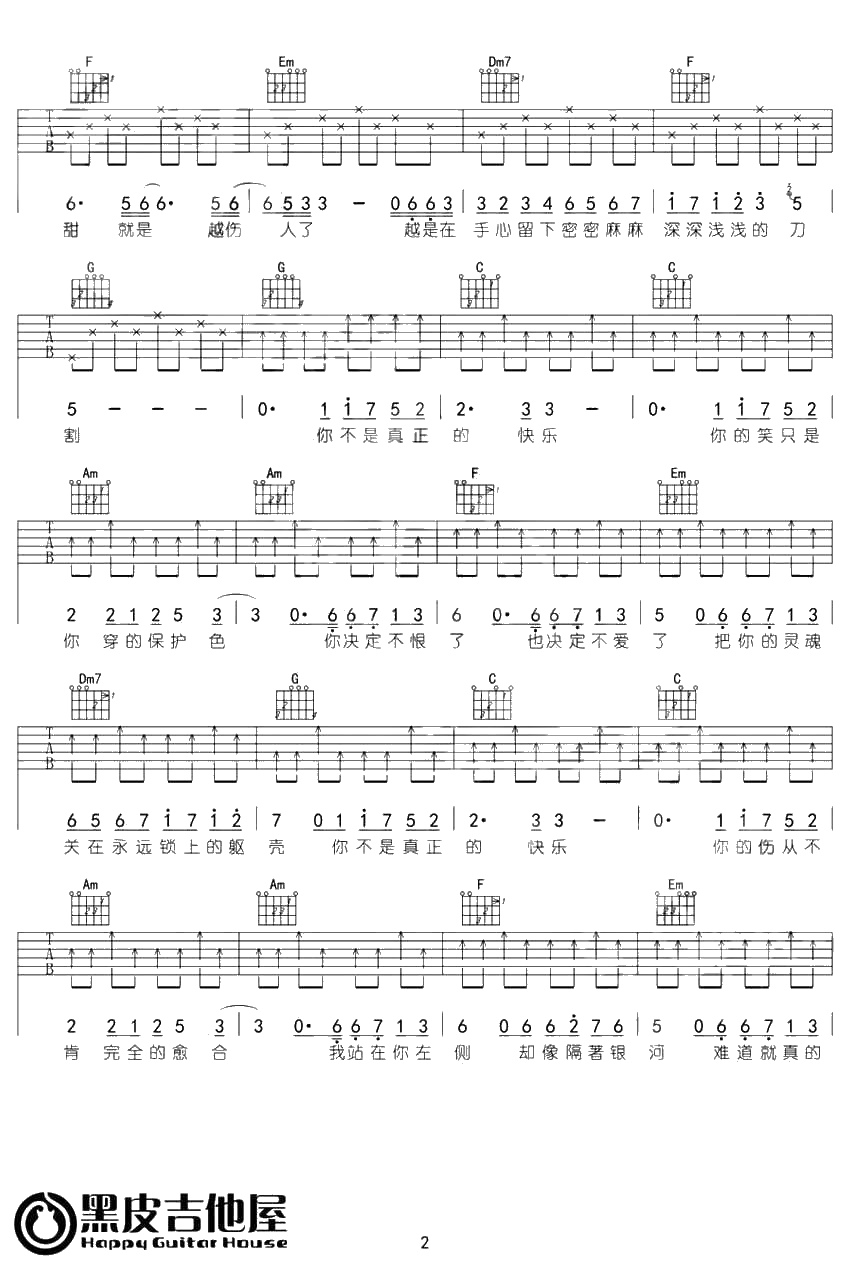 你不是真正的快乐吉他谱 五月天 C调简单版弹唱谱2