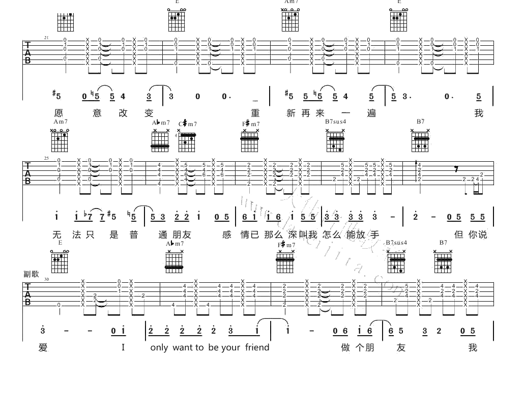 普通朋友吉他谱 E调指法 陶喆 六线谱()完整版3