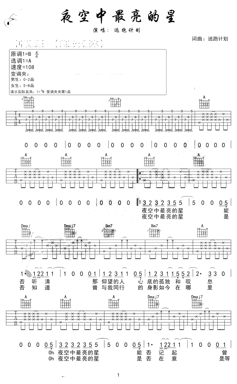 夜空中最亮的星吉他谱 A调原版六线谱 弹唱1