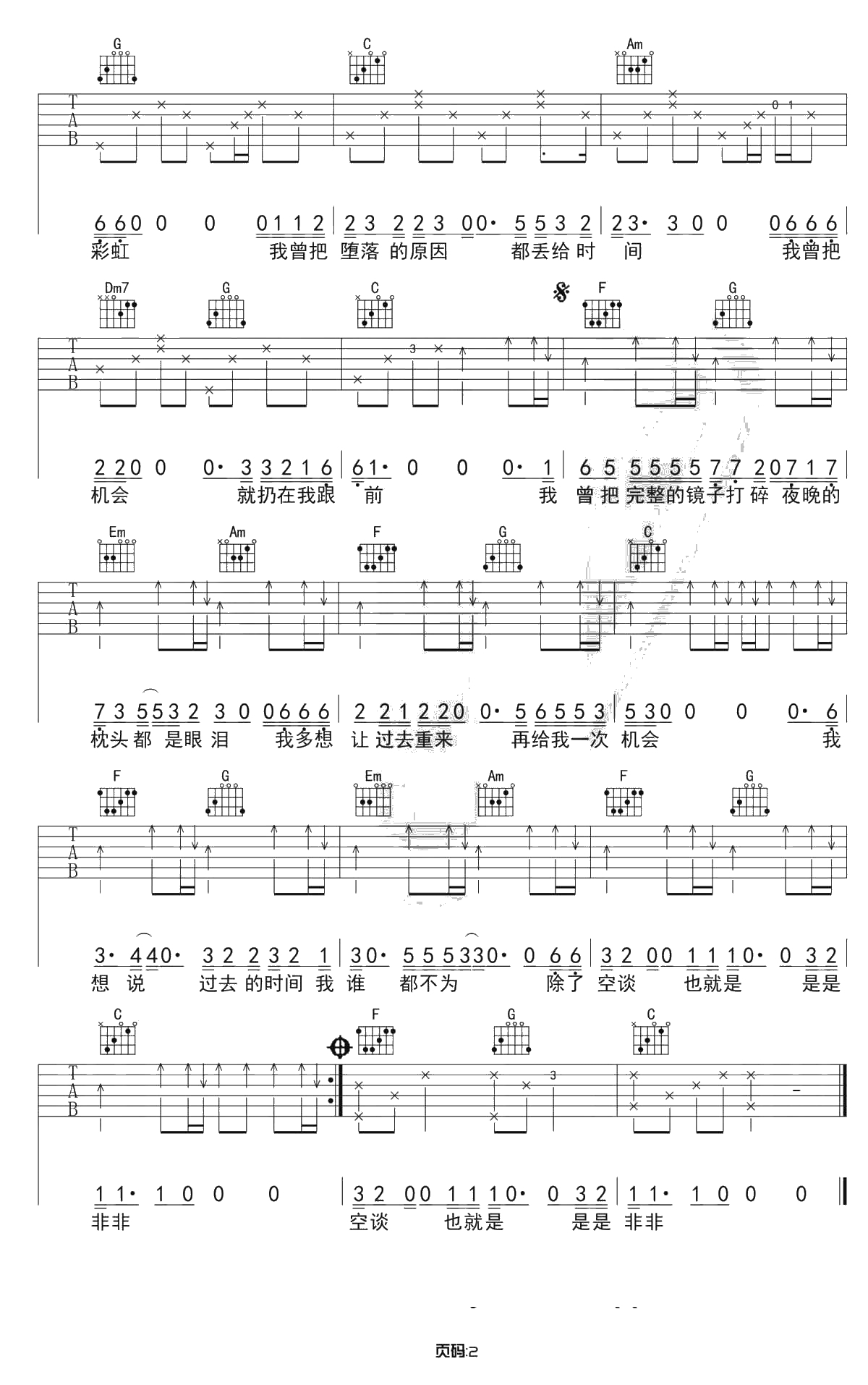 我曾吉他谱 C调超原版 隔壁老樊 弹唱六线谱2