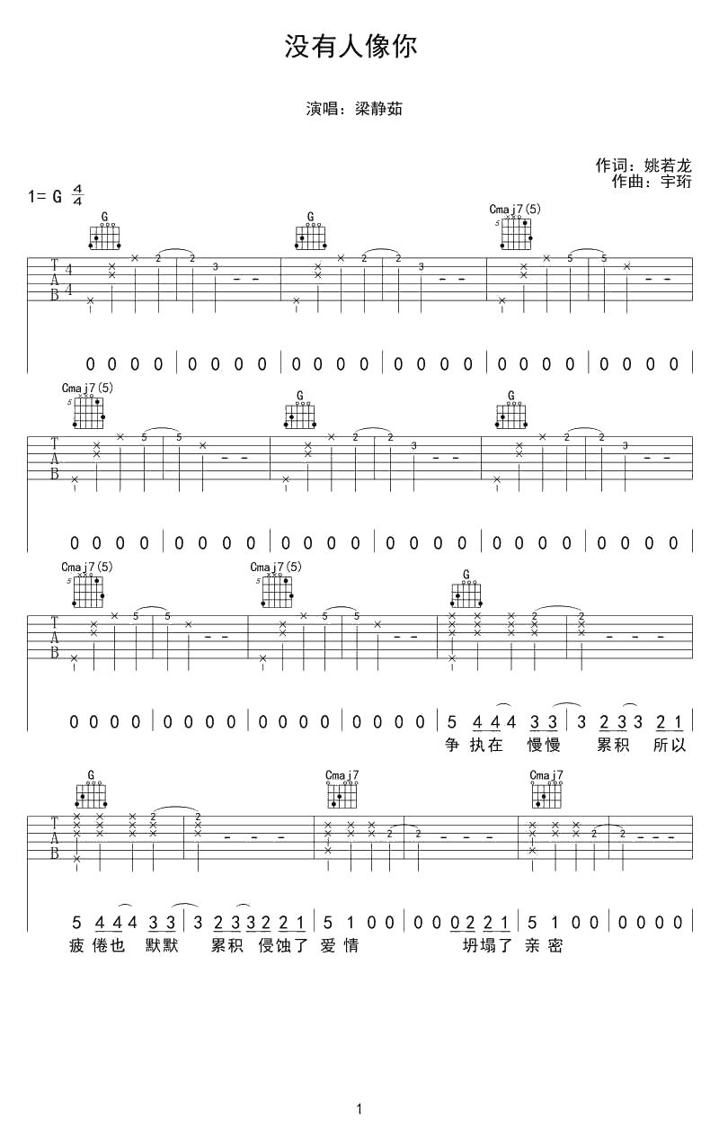 没有人像你吉他谱 梁静茹 G调弹唱谱 1