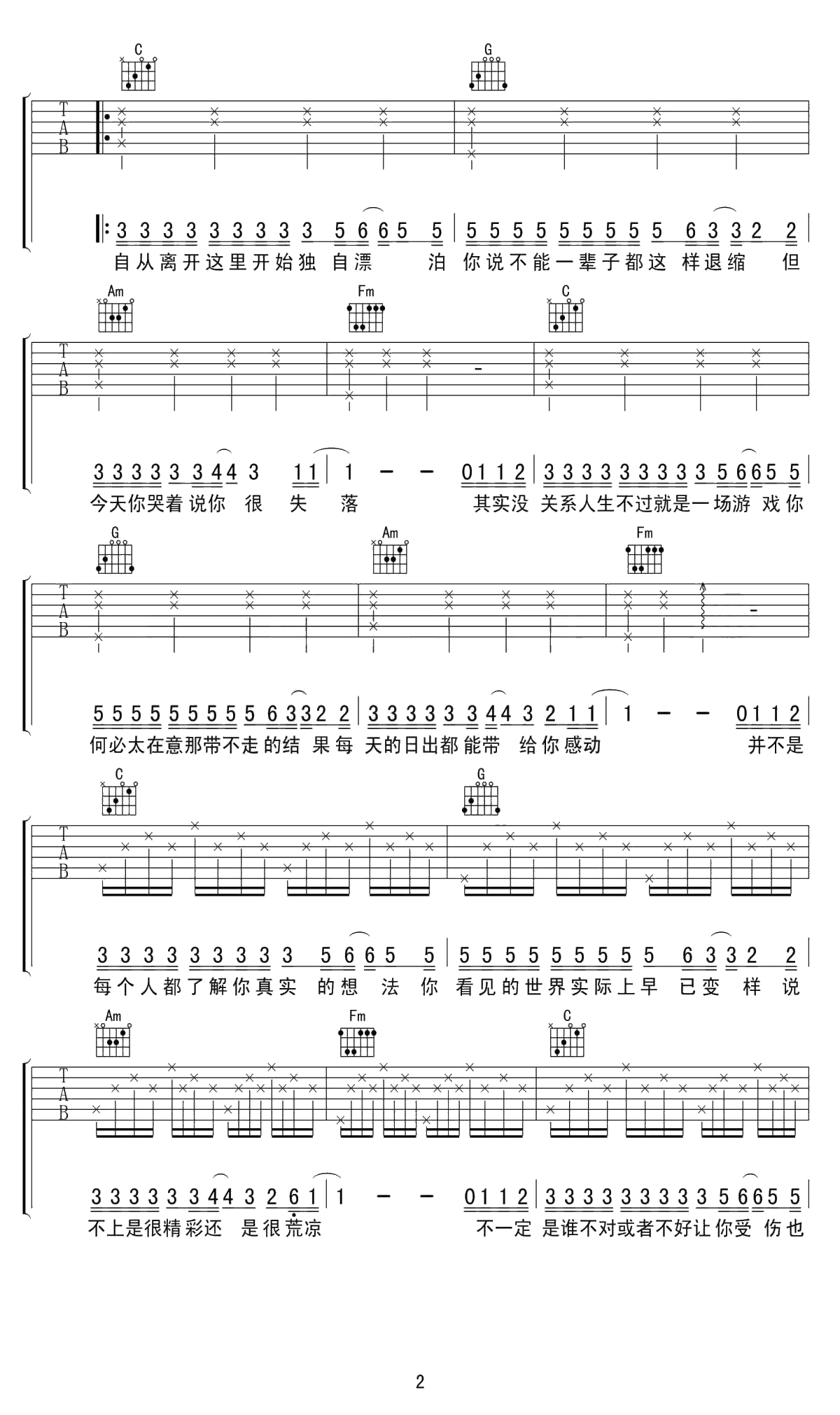 嘿，朋友吉他谱 C调 安子与九妹2