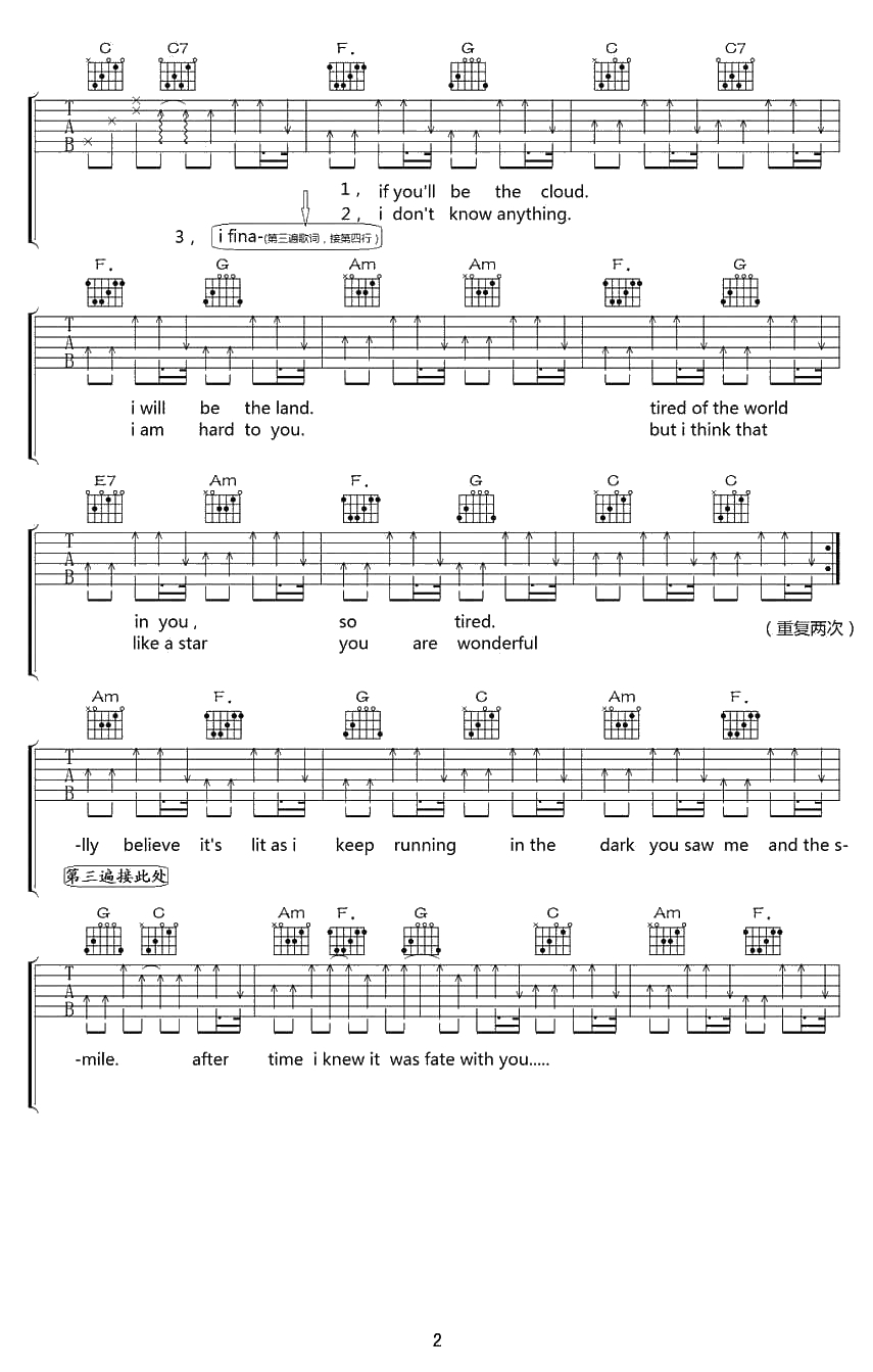 send吉他谱 C调指法 电影《我的机器人女友》插曲 弹唱六线谱2