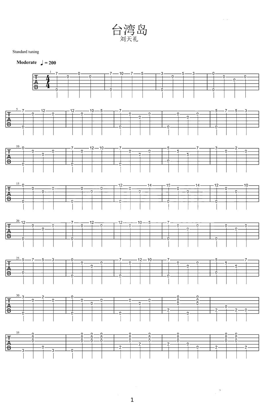 台湾岛吉他谱 刘天礼《台湾岛》吉他独奏谱1