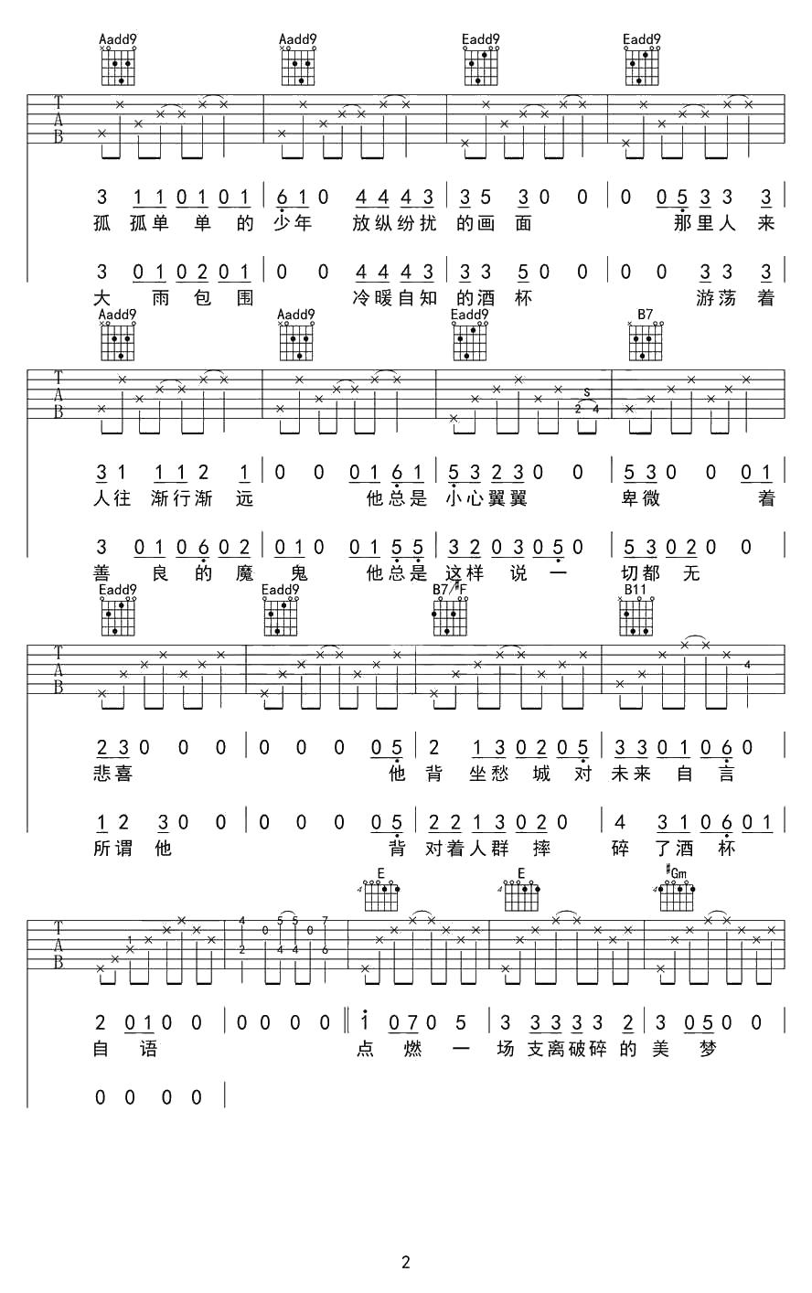 皆非吉他谱 E调指法 马頔 六线 弹唱谱2