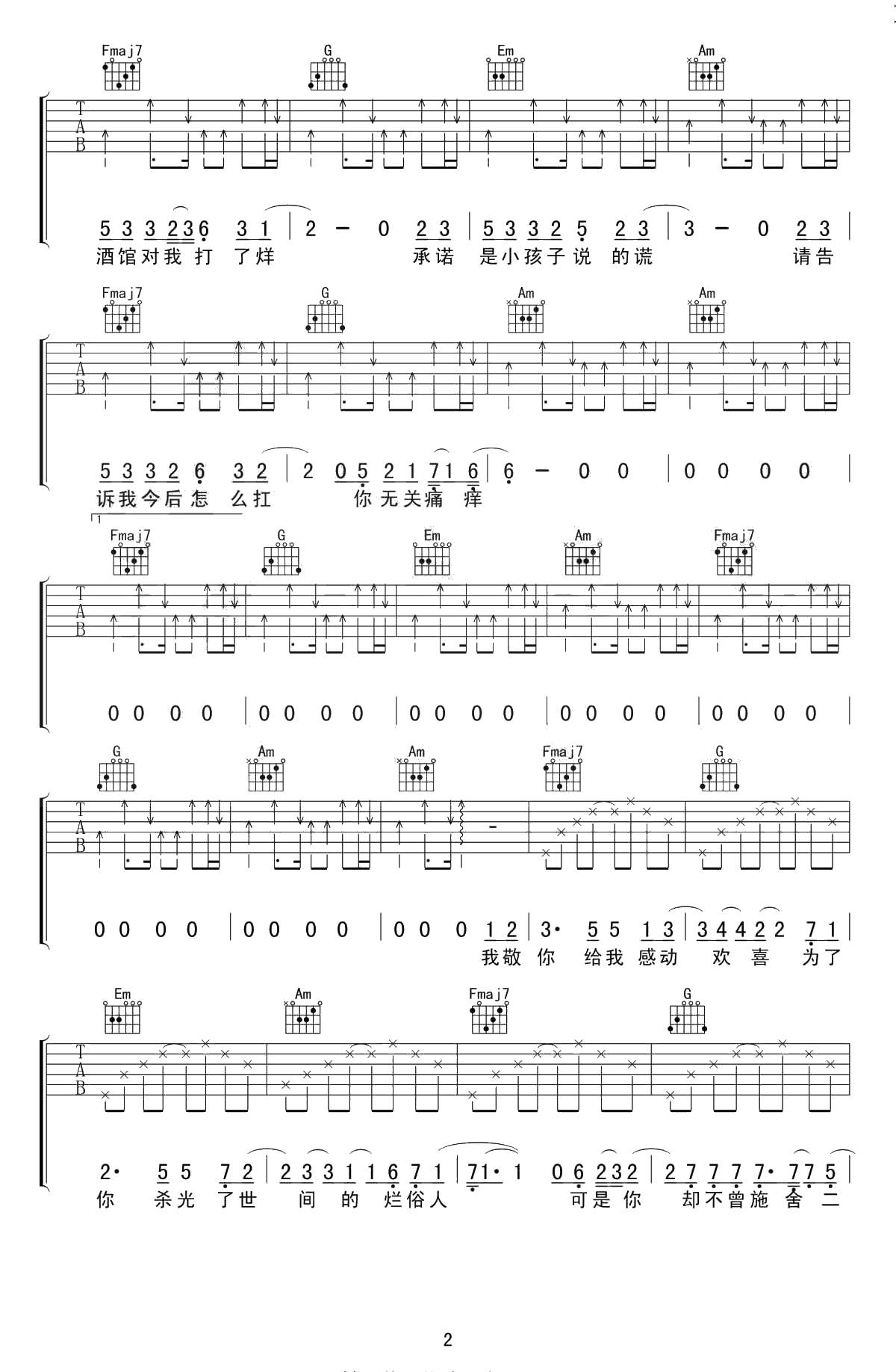 你的酒馆对我打了烊吉他谱 C调弹唱谱 陈雪凝 2