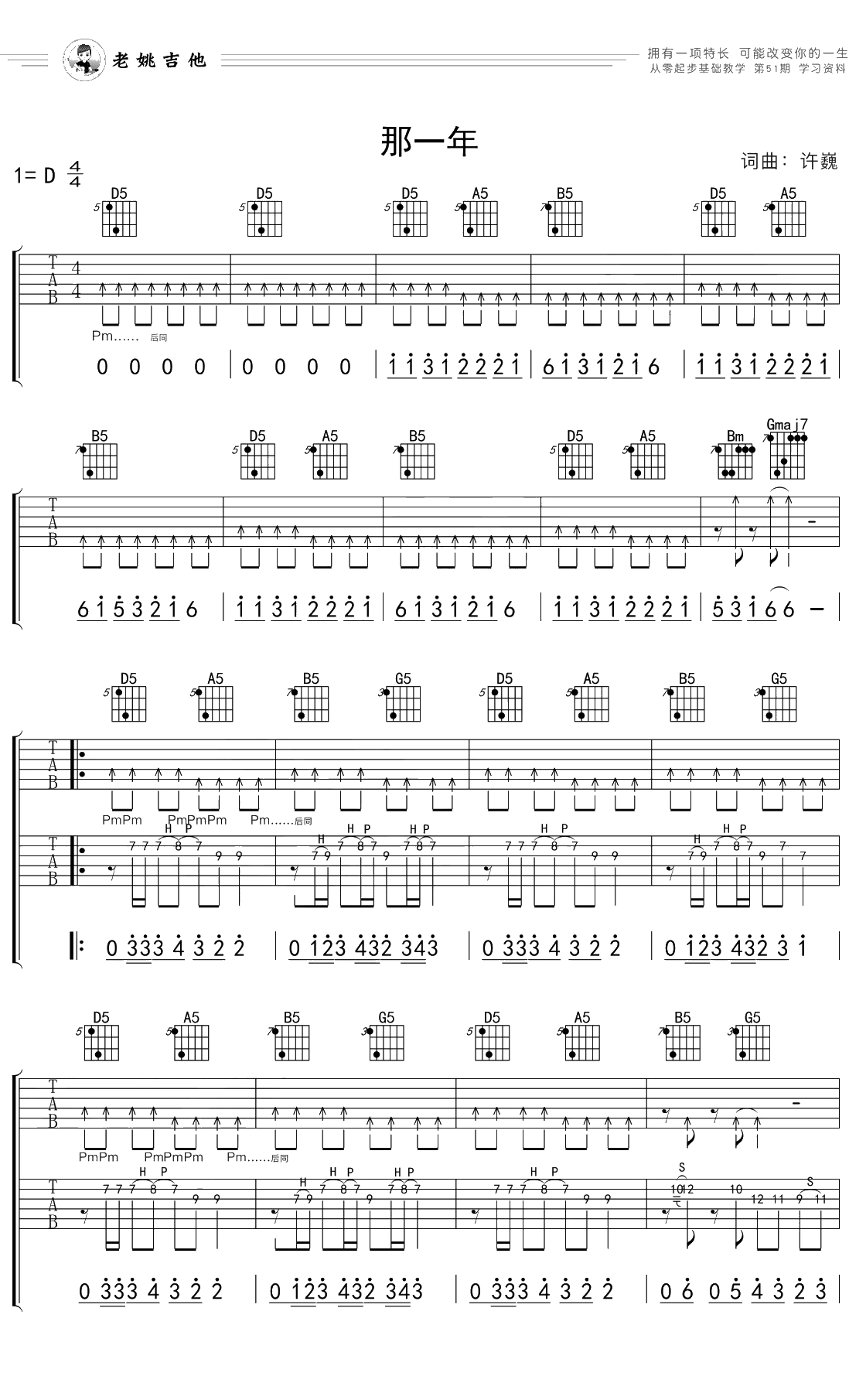 那一年吉他谱 D调指法 许巍 姚吉他出品1