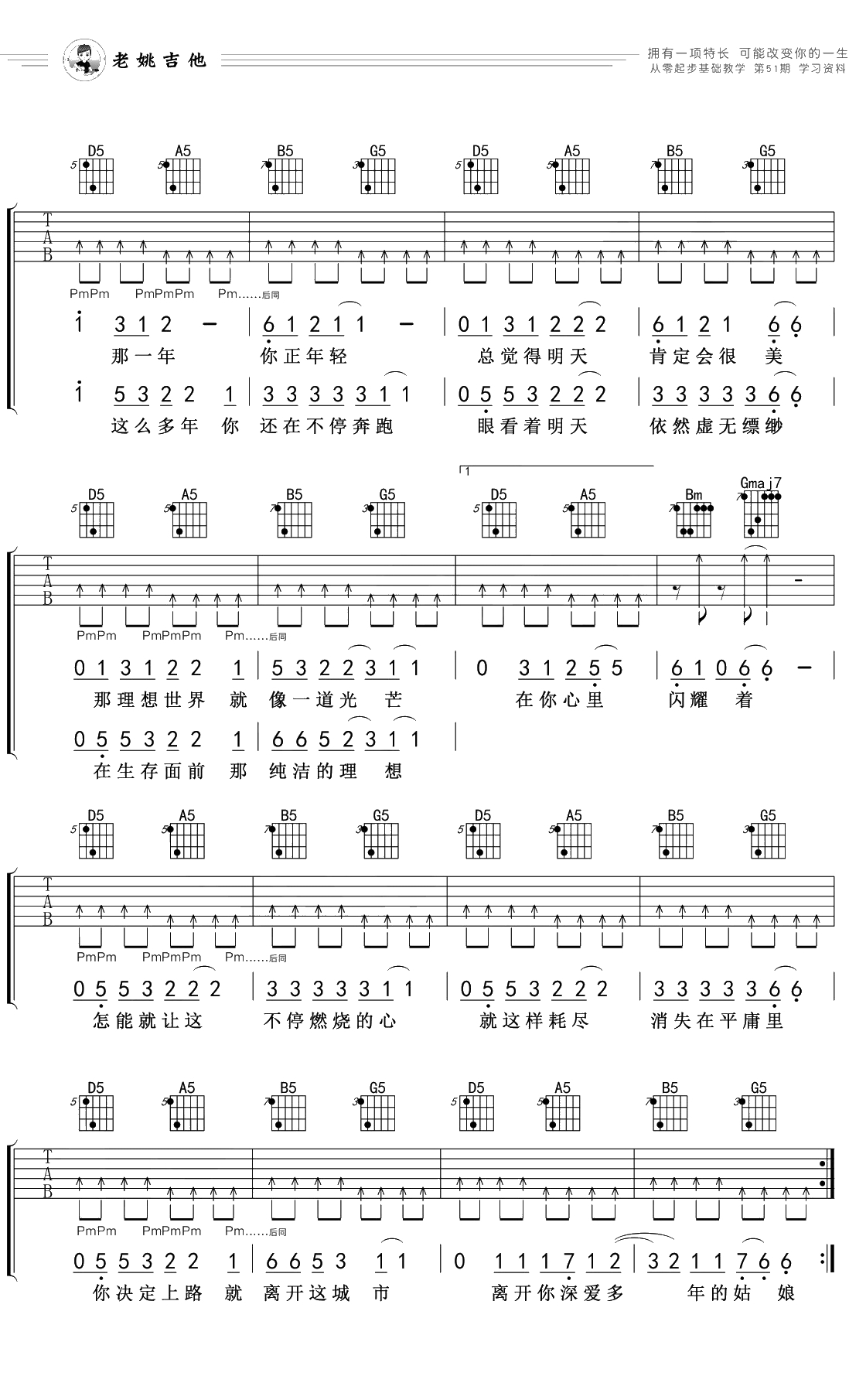 那一年吉他谱 D调指法 许巍 姚吉他出品2